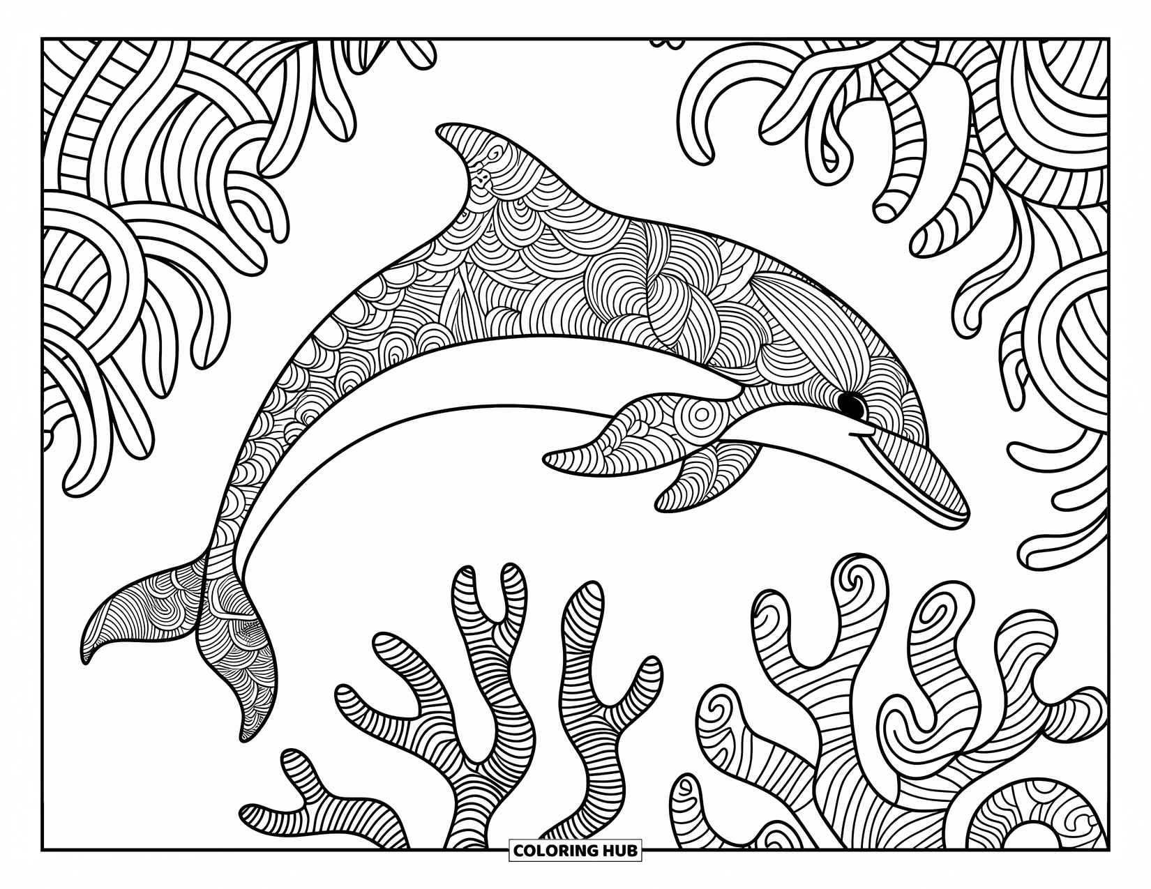 Delfin Ausmalbild für Erwachsene: Ein Delfin, der mit Mosaikmustern geschmückt ist, gleitet durch wirbelnde Blumendesigns