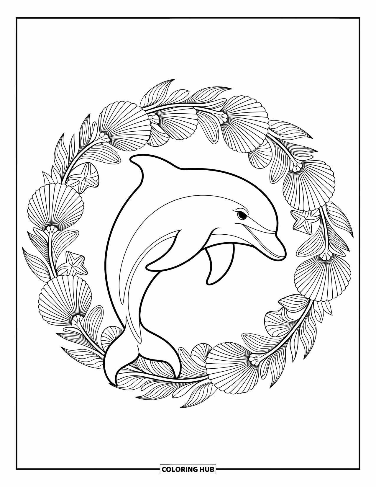 Delfin Ausmalbild für Erwachsene: Ein Delfin inmitten eines Kranzes aus Muscheln, Seesternen und Algen