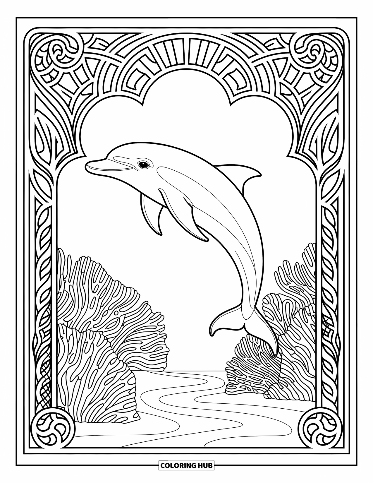 Delfin Ausmalbild für Erwachsene: Ein Delfin und ein Oktopus bilden ein harmonisches Muster in einer ruhigen Umarmung