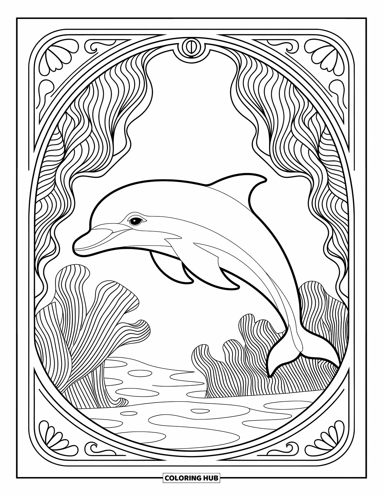 Delfin Ausmalbild für Erwachsene: Ein Delfin und ein Oktopus mit komplizierten Mustern verschlingen sich friedlich