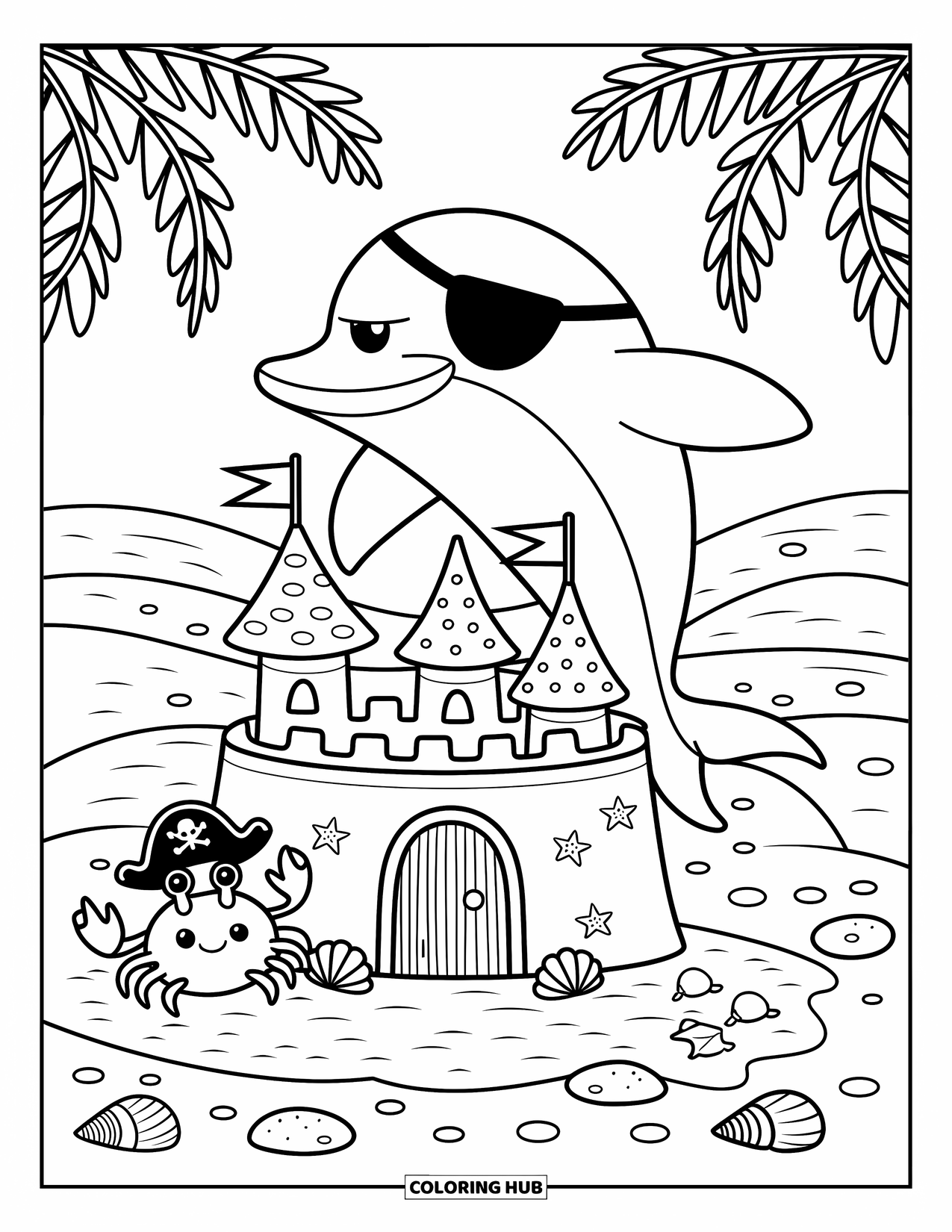 Delfin Ausmalbild für Erwachsene: Ein Delfin und eine Krabbe bewachen eine Sandburg, während sanfte Wellen in der Nähe rollen