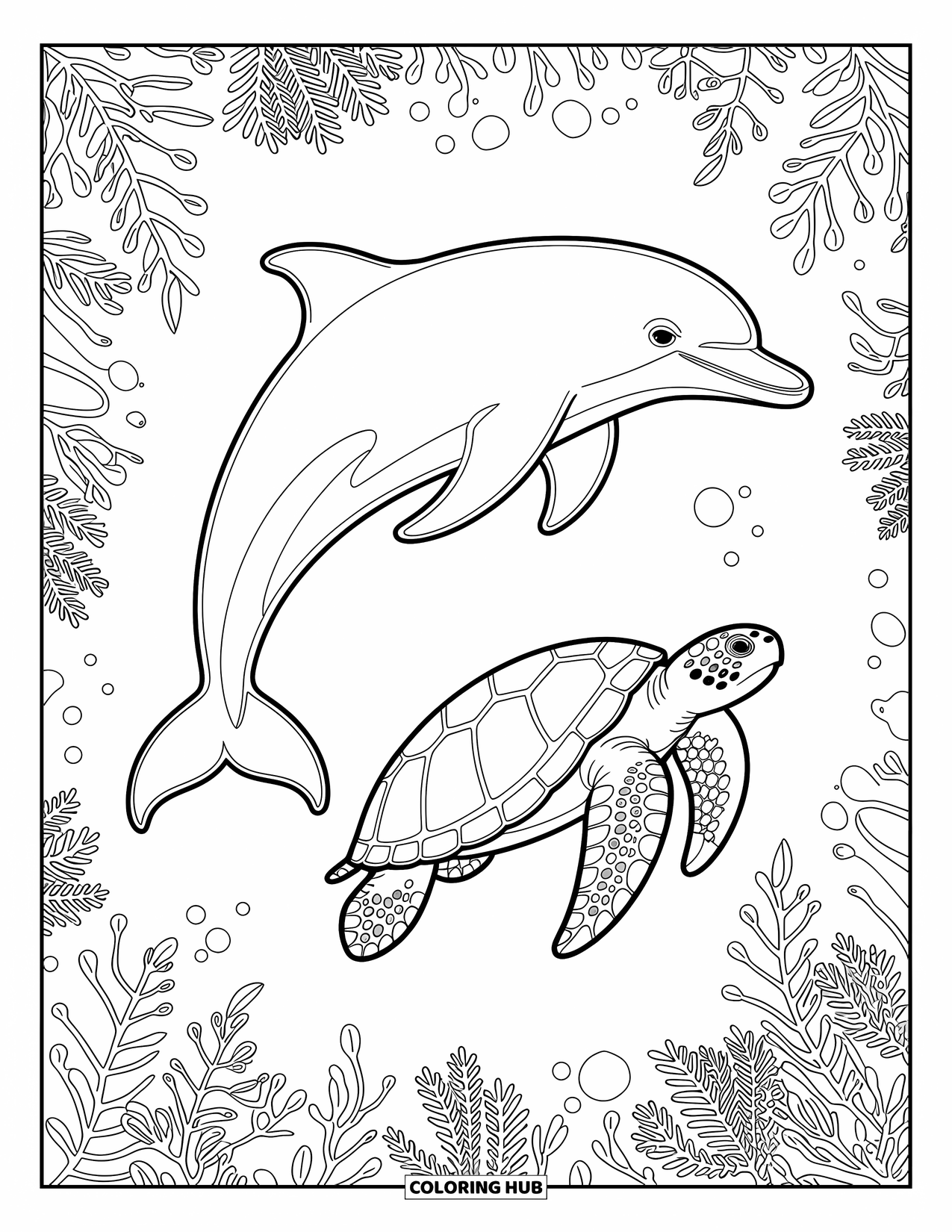 Delfin Ausmalbild für Erwachsene: Ein Delfin und Meeresschildkröten erkunden eine Unterwasserwelt mit komplizierten Mustern