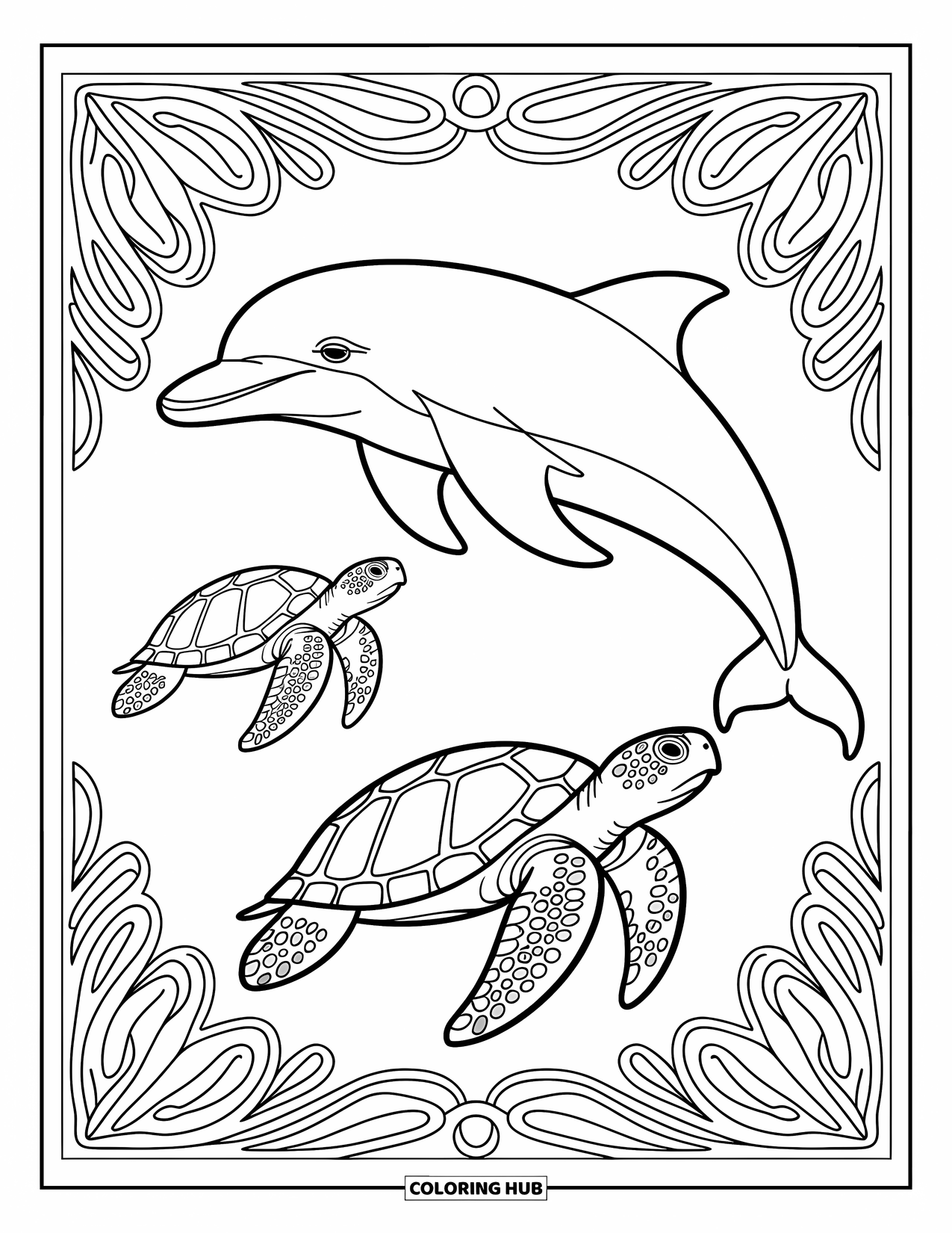Delfin Ausmalbild für Erwachsene: Ein Delfin und Meeresschildkröten gleiten anmutig durch eine Unterwasserszene