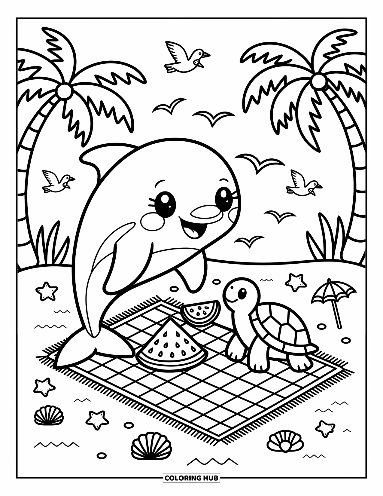Delfin Ausmalbild für Erwachsene: Ein Delfin und eine Schildkröte haben ein gemütliches Unterwasserpicknick mit Muscheln und Blasen