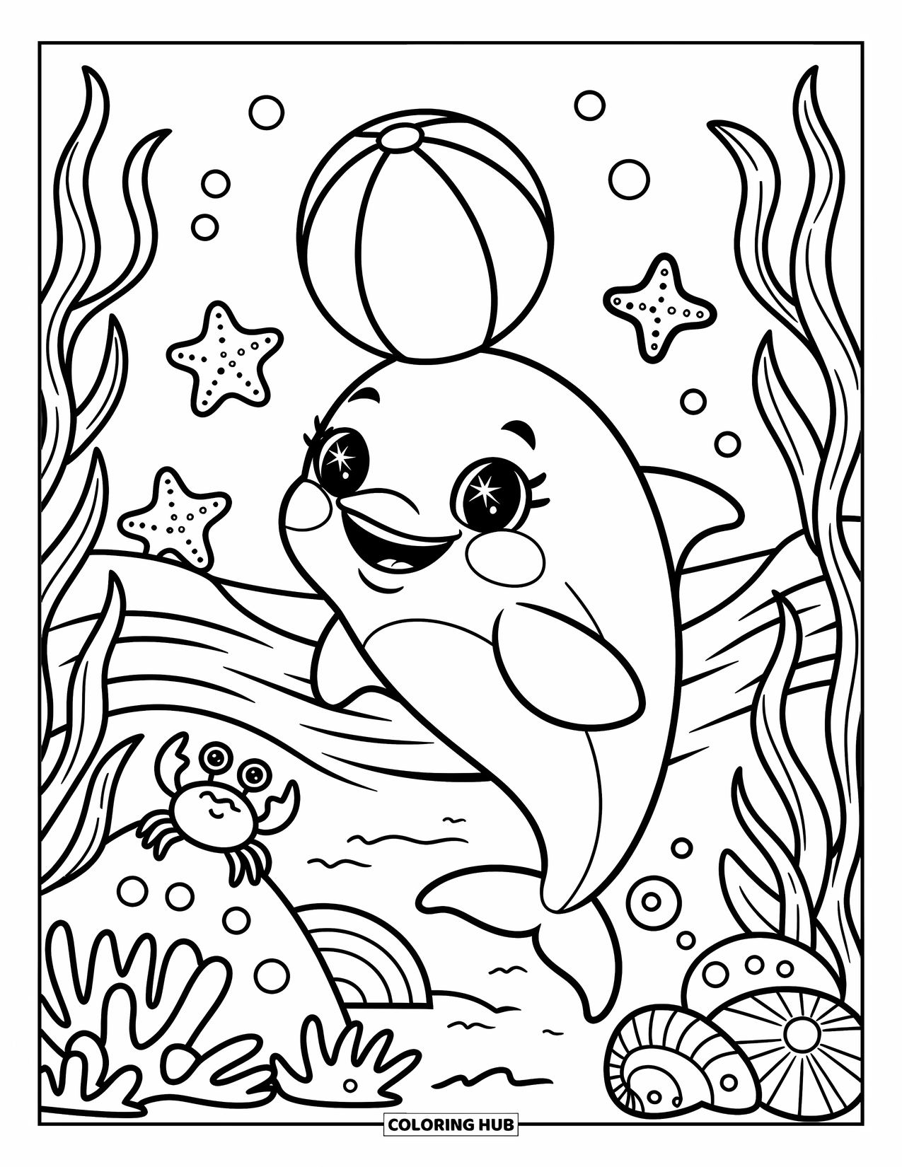 Delfin Ausmalbild für Erwachsene: Ein Delfin balanciert fröhlich einen Ball am Strand, während Seesterne und eine neugierige Krabbe zusehen