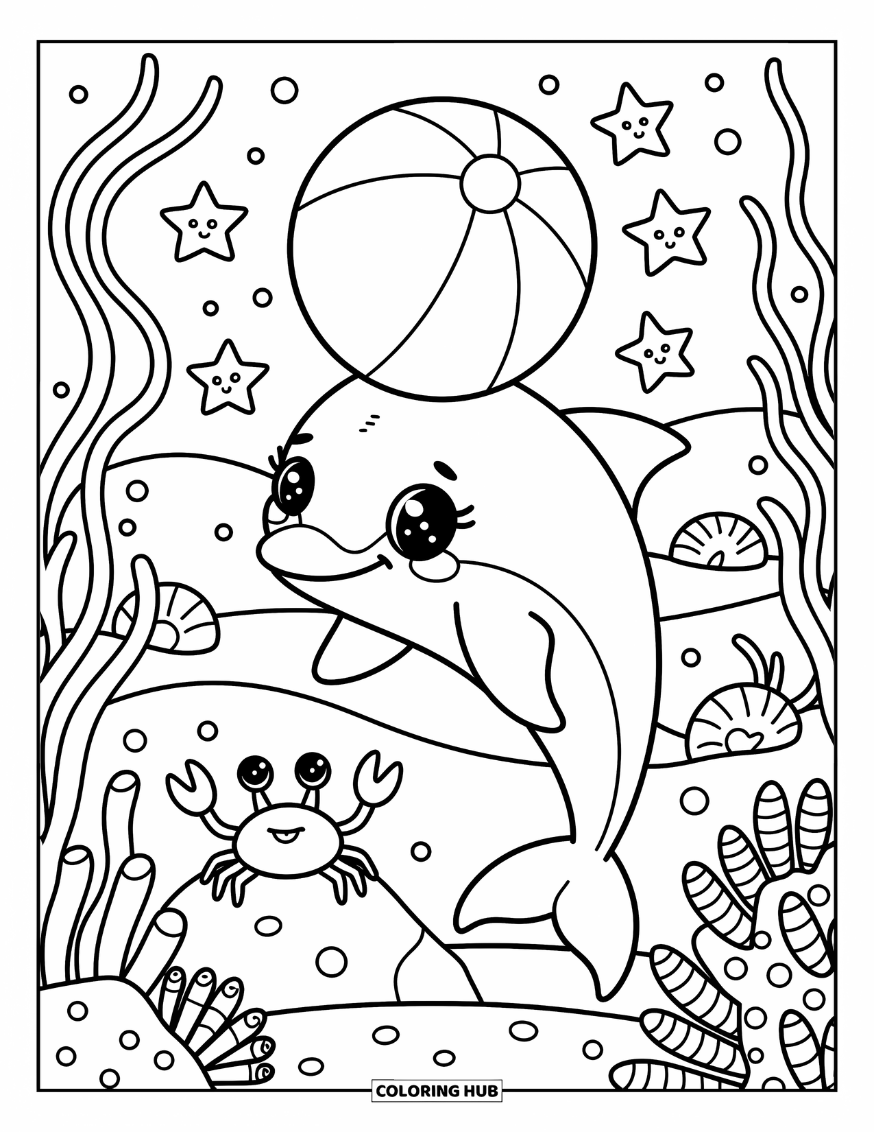 Delfin Ausmalbild für Erwachsene: Ein Delfin balanciert einen Ball am Strand auf seiner Nase, umgeben von Seesternen und Muscheln