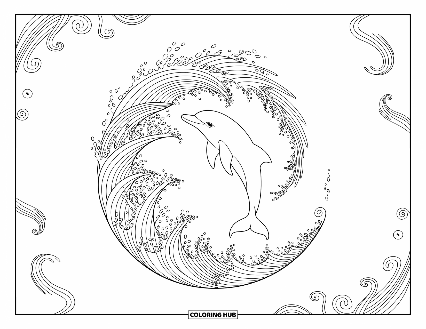 Delfin Ausmalbild für Erwachsene: Ein Delfin, der eine faszinierende Wasserspirale mit eleganten Wellen erzeugt