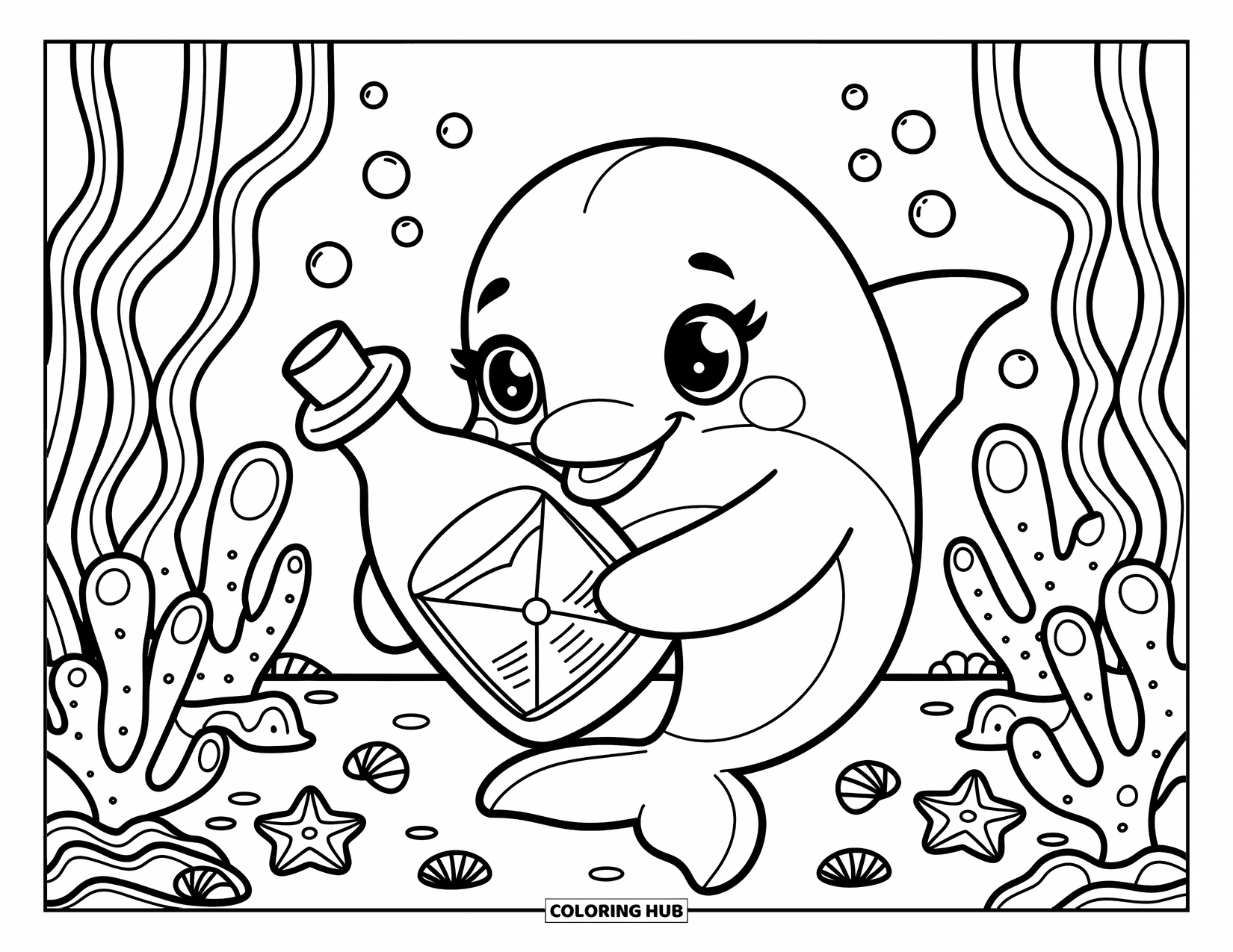 Delfin Ausmalbild für Erwachsene: Ein Delfin hält neugierig eine Nachricht in einer Flasche mit Muscheln und Algen in der Nähe