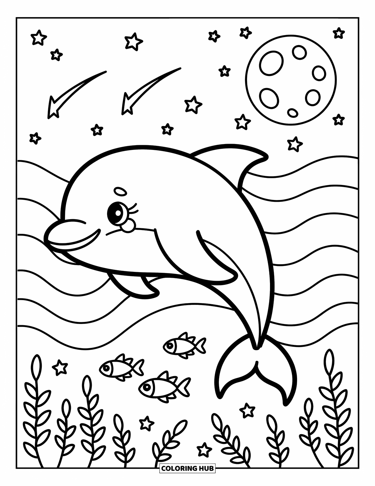 Delfin Ausmalbild für Erwachsene: Ein Delfin treibt unter einem Sternenhimmel mit Fischen und Algen, die sich sanft bewegen