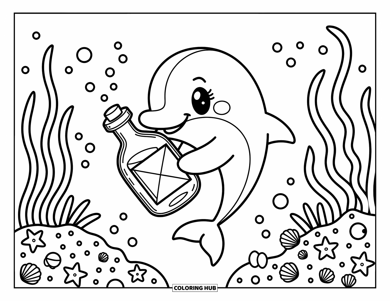 Delfin Ausmalbild für Erwachsene: Ein Delfin untersucht eine Flasche in einer Unterwasserszene mit Muscheln und Blasen