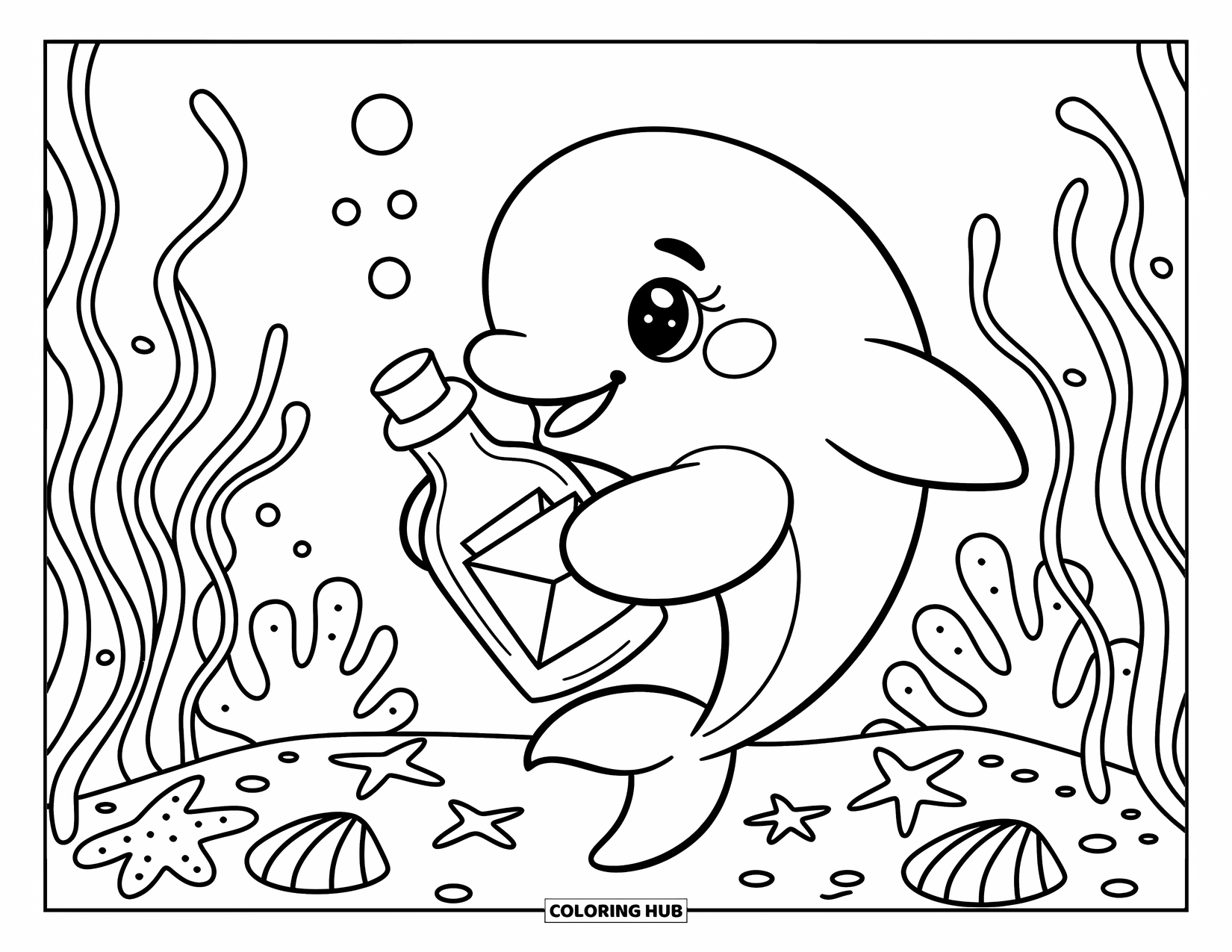 Delfin Ausmalbild für Erwachsene: Ein Delfin findet eine Flasche unter Wasser mit Algen und Seesternen herum