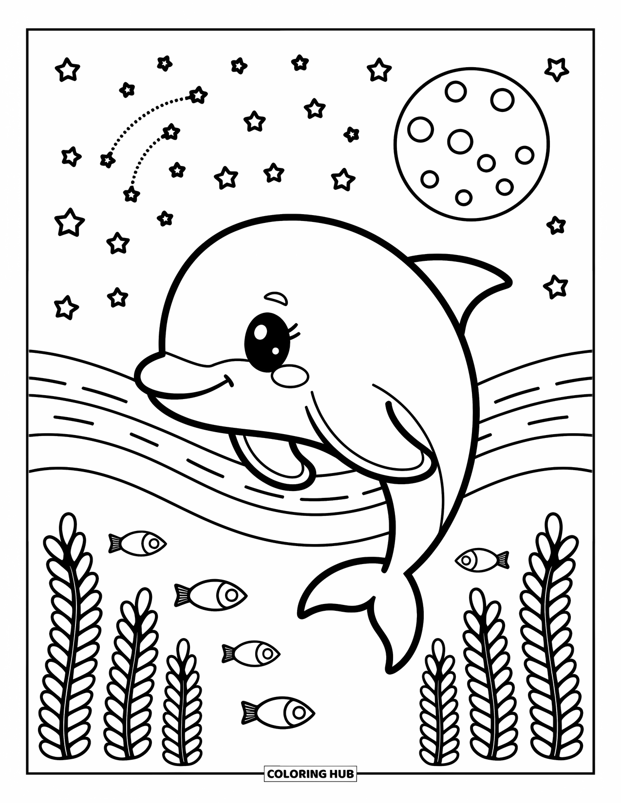 Delfin Ausmalbild für Erwachsene: Ein Delfin schwebt unter einem Vollmond mit winzigen Fischen und Algen darunter