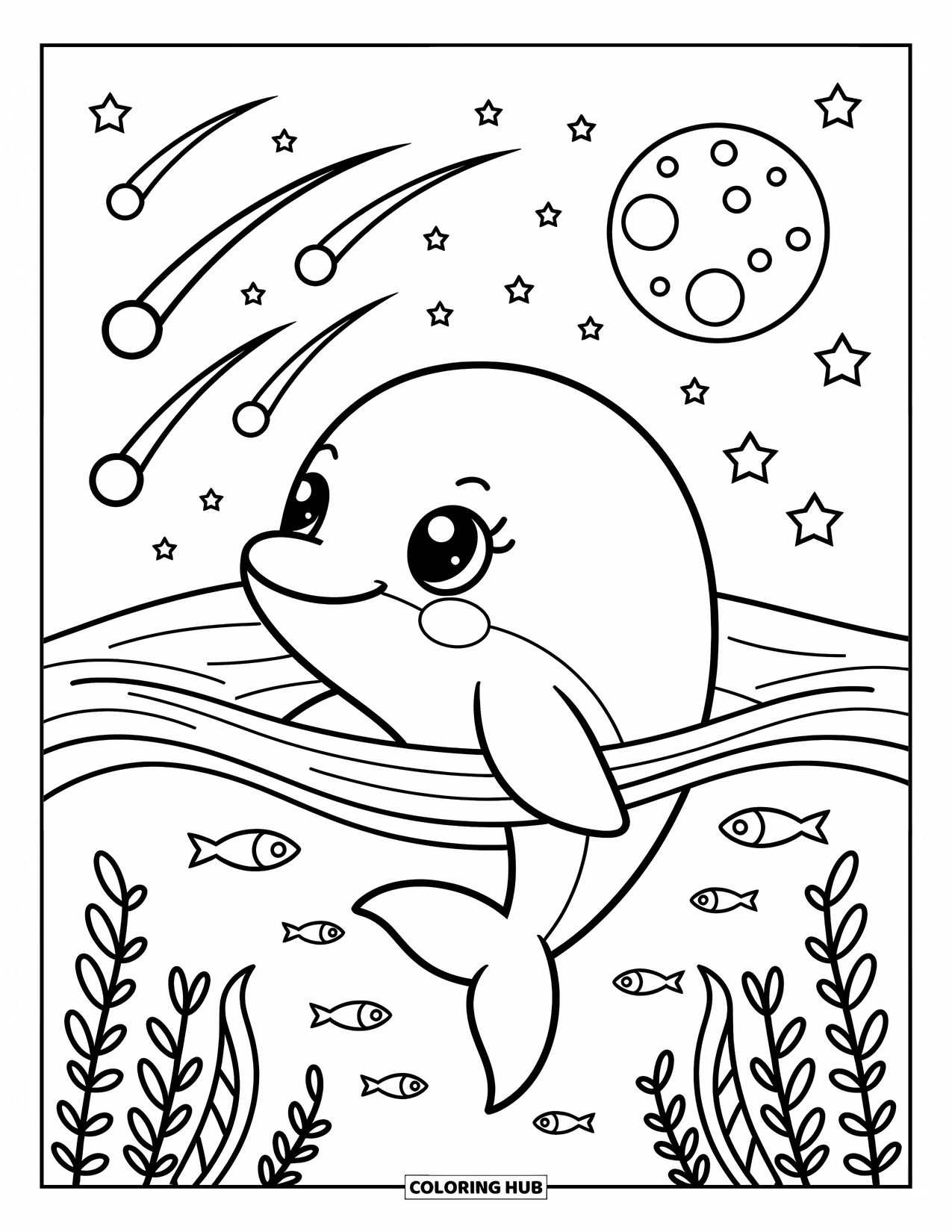 Delfin Ausmalbild für Erwachsene: Ein Delfin blickt auf den Mond mit Sternen und winzigen Fischen unter sanften Wellen