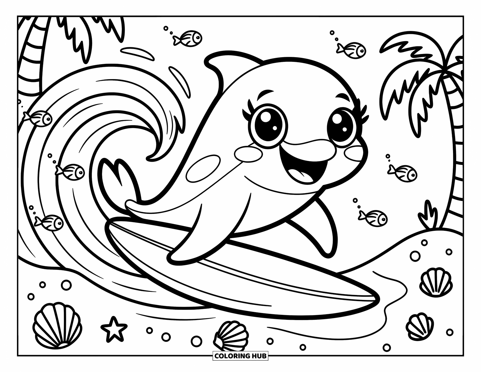 Delfin Ausmalbild für Erwachsene: Ein Delfin surft fröhlich mit Muscheln und Fischen, umrahmt von Palmen