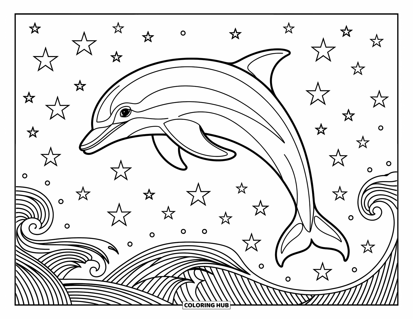 Delfin Ausmalbild für Erwachsene: Ein Delfin gleitet durch eine wirbelnde Wasserspirale mit detaillierten Wellen