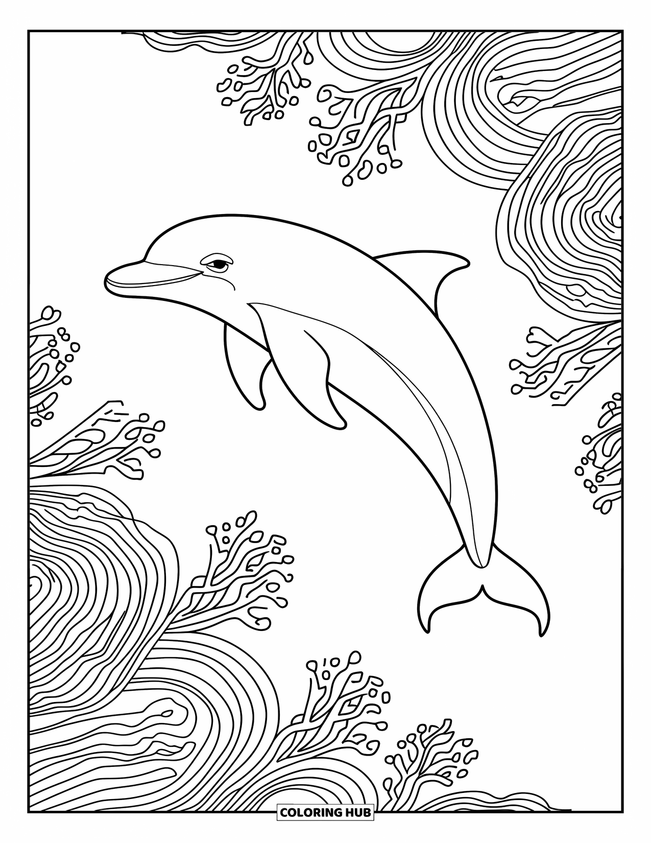 Delfin Ausmalbild für Erwachsene: Ein Delfin, der durch wirbelnde Mandala-Wellen und Korallen gleitet