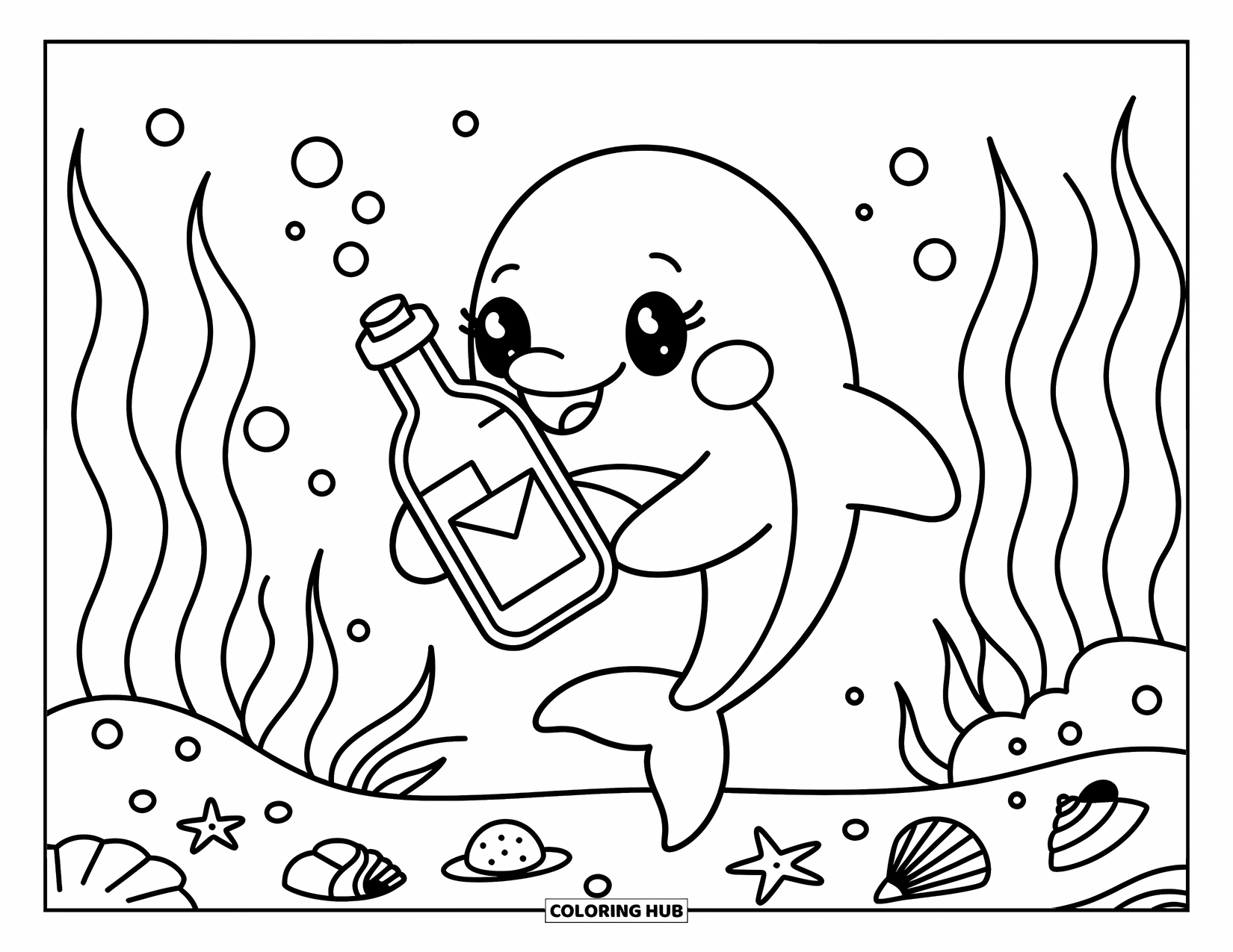 Delfin Ausmalbild für Erwachsene: Ein Delfin hält eine Flasche, umgeben von Algen, Muscheln und winzigen Blasen