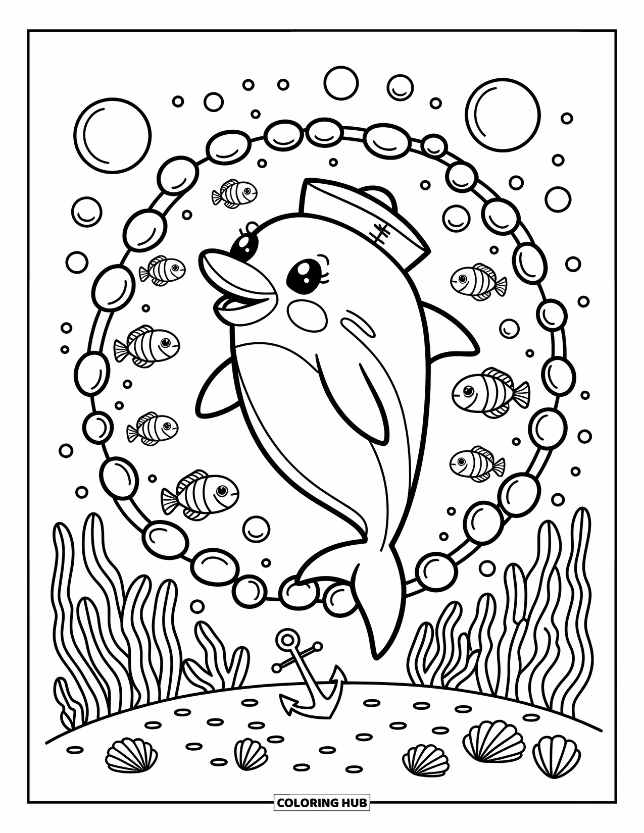 Delfin Ausmalbild für Erwachsene: Ein Delfin mit einem Matrosenhut springt durch einen Ring aus Blasen, während Fische herumschwimmen