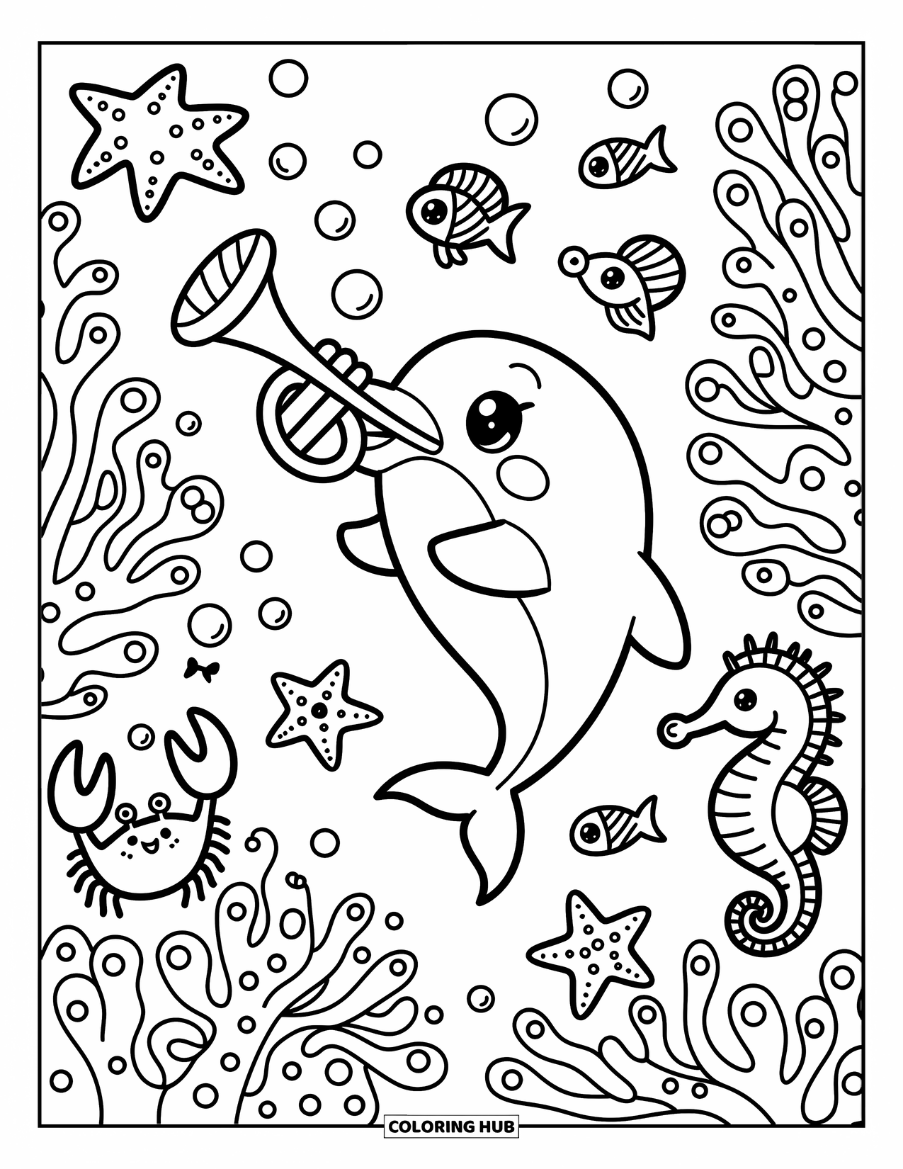 Delfin Ausmalbild für Erwachsene: Ein Delfin führt eine Unterwasserband mit einer Muscheltrompete an, während Blasen herumschweben