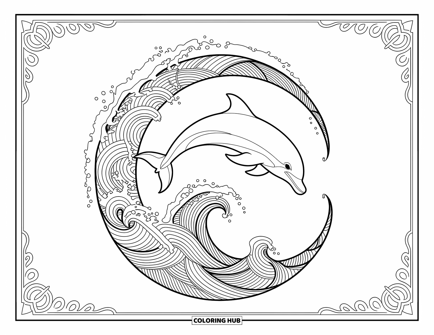 Delfin Ausmalbild für Erwachsene: Ein Delfin, der durch eine Wasserspirale mit komplizierten Wellen springt