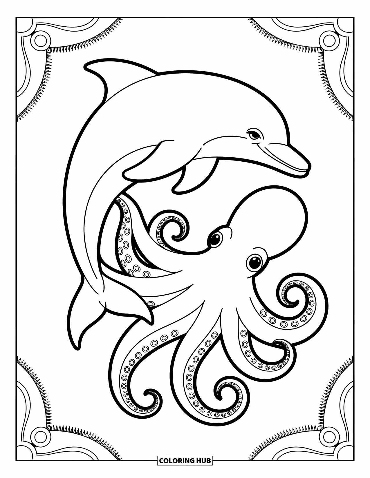 Delfin Ausmalbild für Erwachsene: Ein Delfin springt anmutig durch ein Meer von Sternen und rollenden Wellen