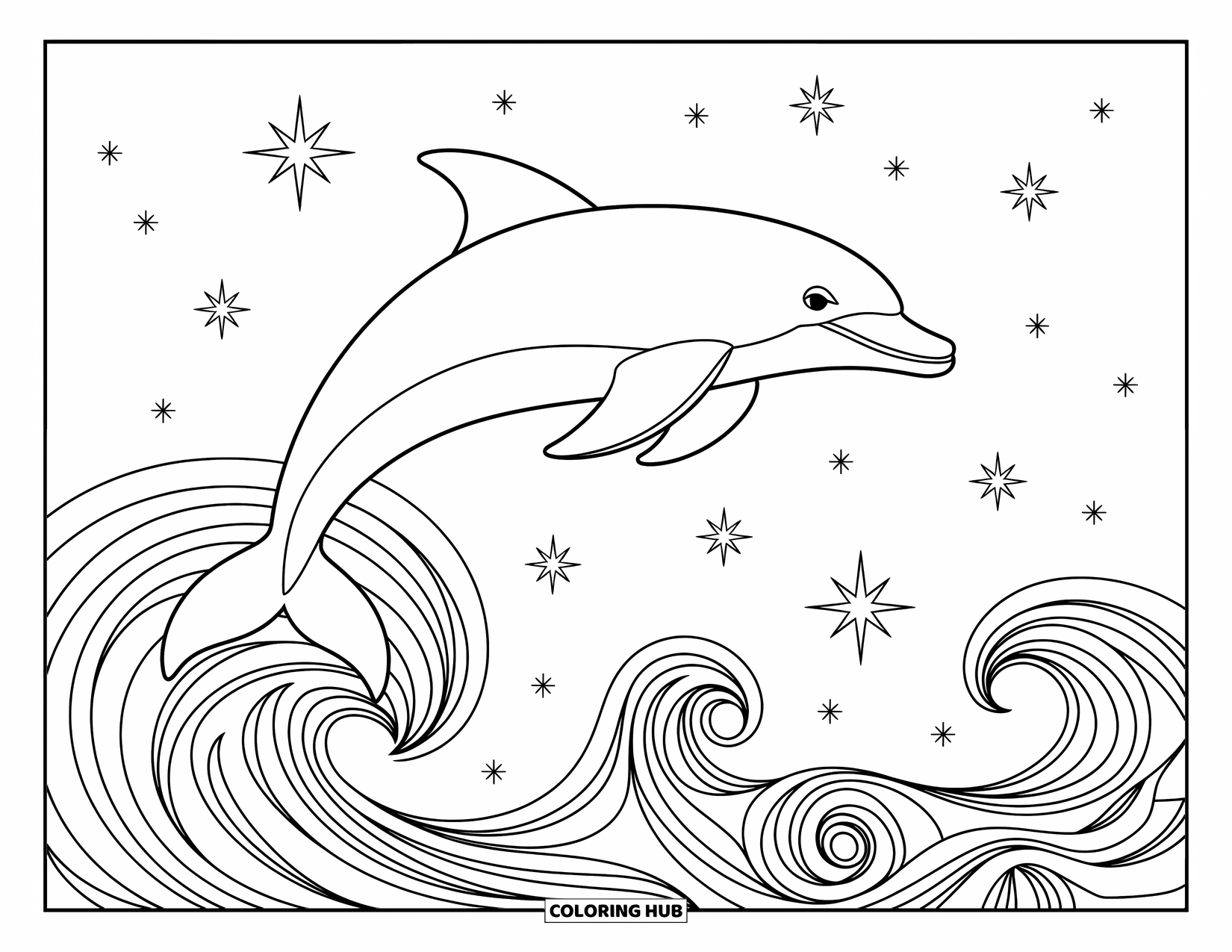 Delfin Ausmalbild für Erwachsene: Ein Delfin springt anmutig durch eine Spirale von Wellen