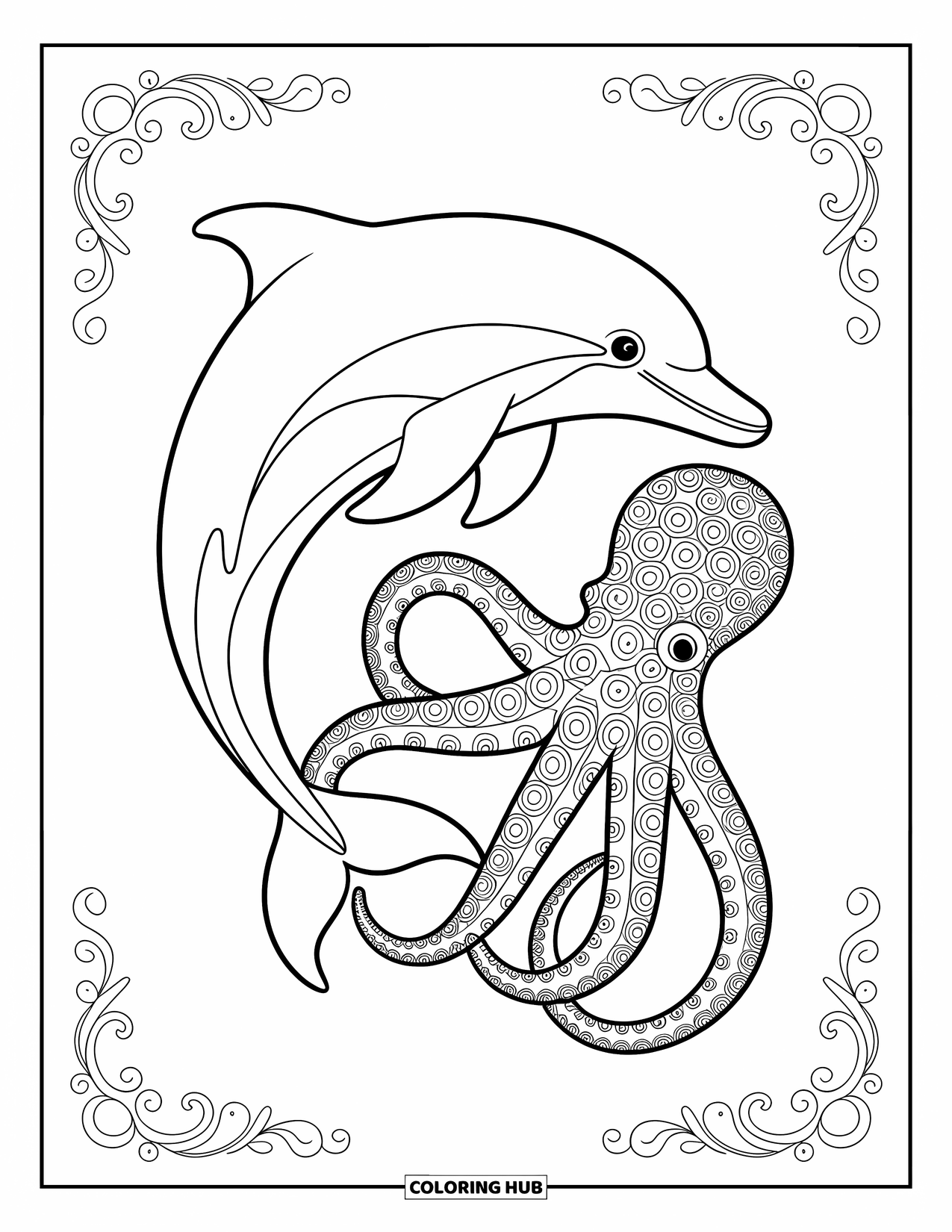 Delfin Ausmalbild für Erwachsene: Ein Delfin springt durch ein himmlisches Meer, umgeben von Sternen und Wellen