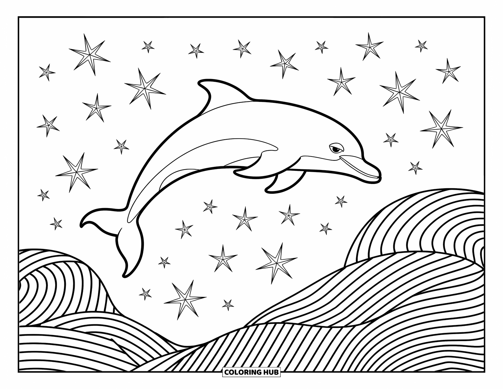 Delfin Ausmalbild für Erwachsene: Ein Delfin springt durch eine Spirale von Wellen mit komplizierten Mustern