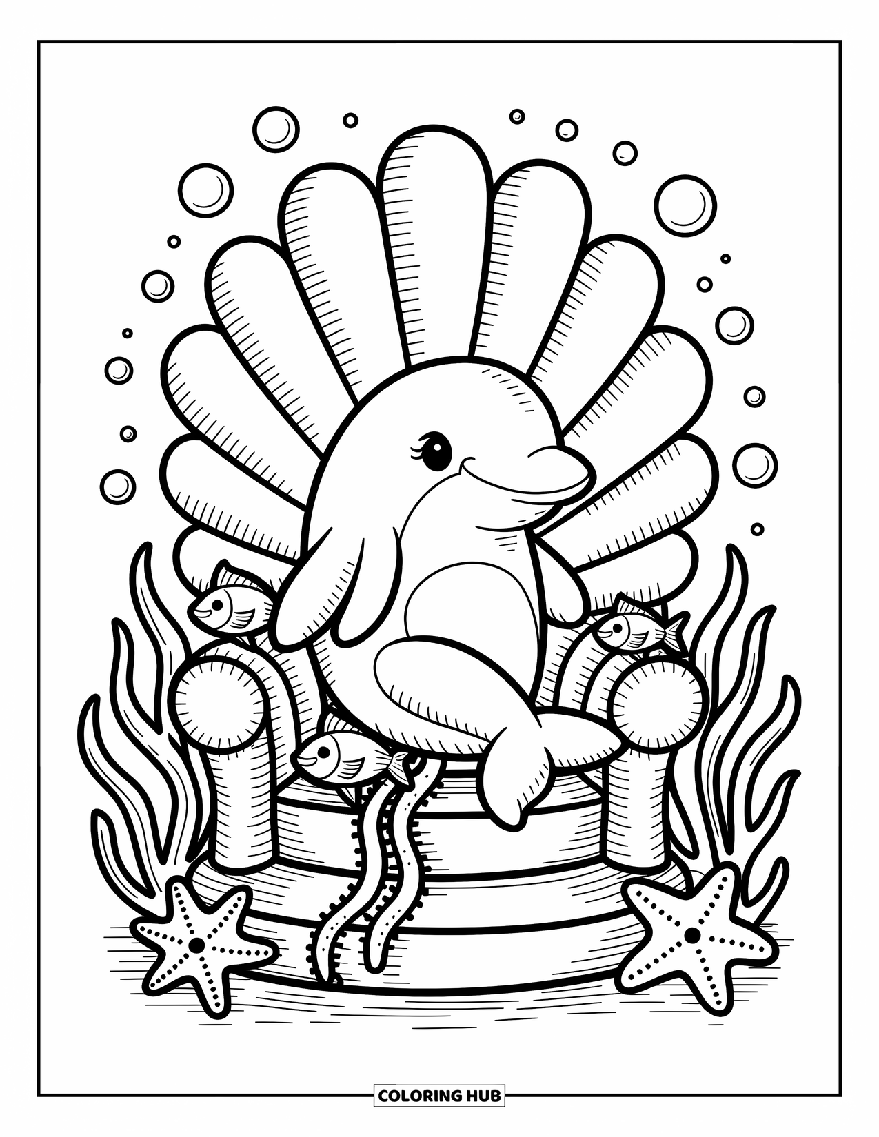 Delfin Ausmalbild für Erwachsene: Ein Delfin auf einem Muschelthron mit Algen und Seesternen an seiner Basis