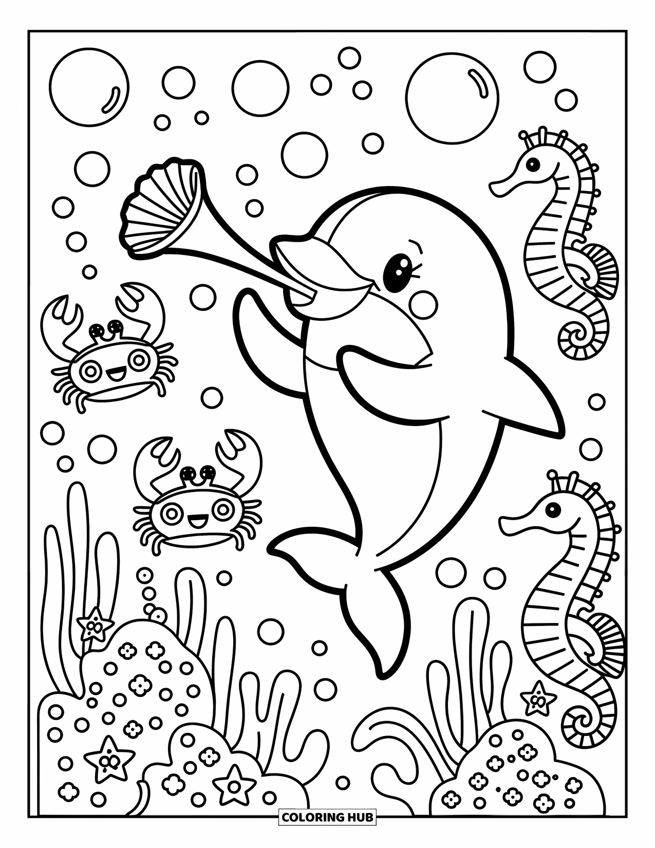 Delfin Ausmalbild für Erwachsene: Ein Delfin spielt eine Muscheltrompete in einer Unterwasserband mit Krebsen und Seepferdchen