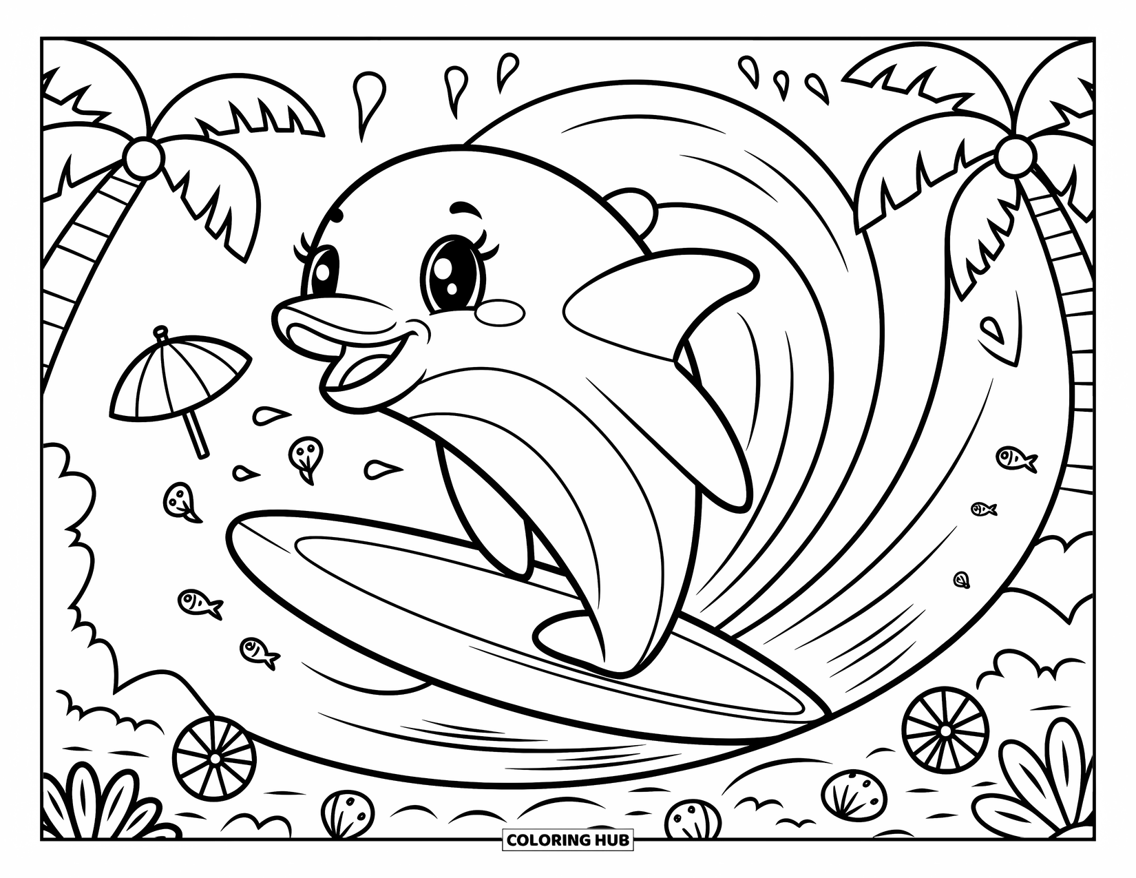 Delfin Ausmalbild für Erwachsene: Ein Delfin reitet auf einem Surfbrett mit Muscheln und Fischen in einer tropischen Szene