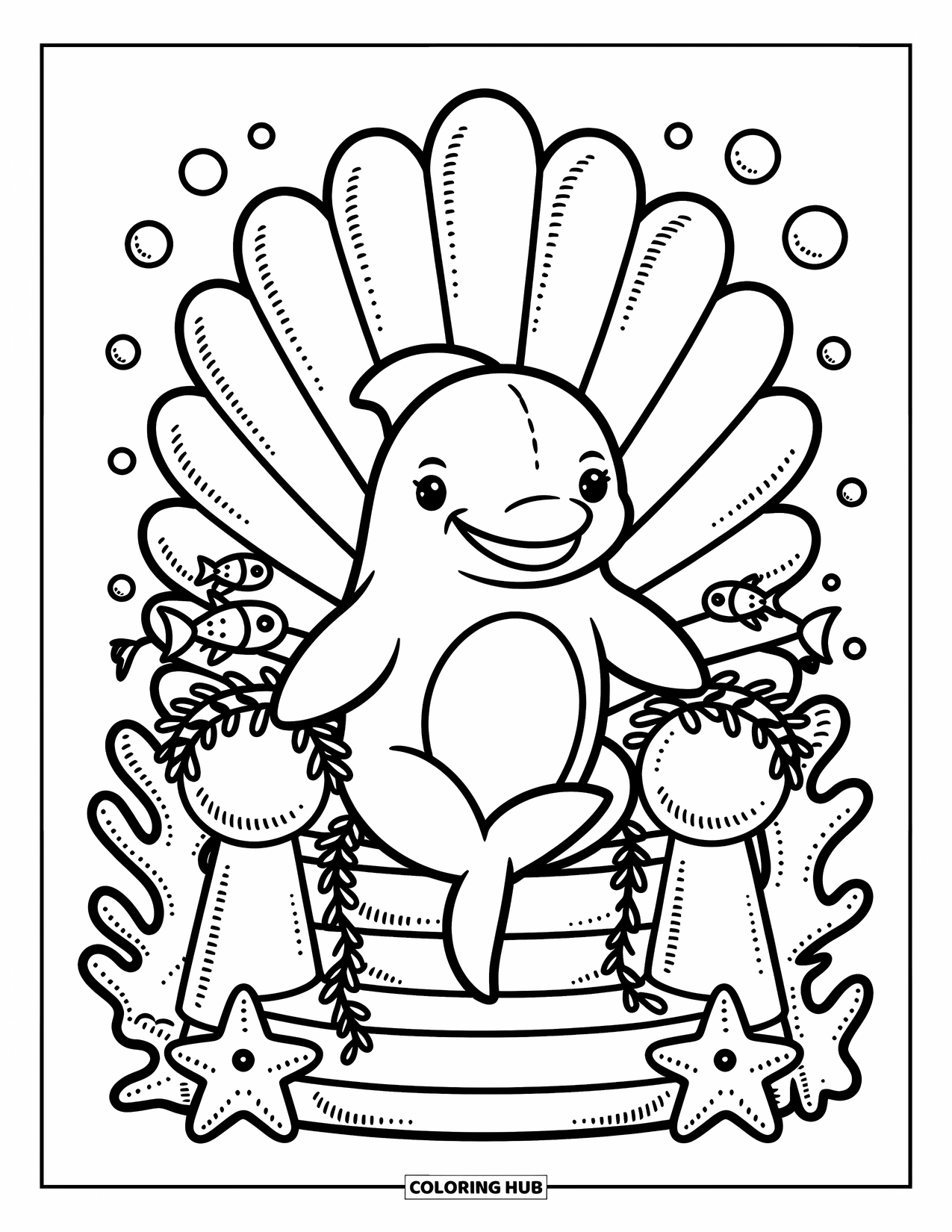 Delfin Ausmalbild für Erwachsene: Ein Delfin sitzt auf einem Muschelthron mit winzigen Fischen und Seesternen herum