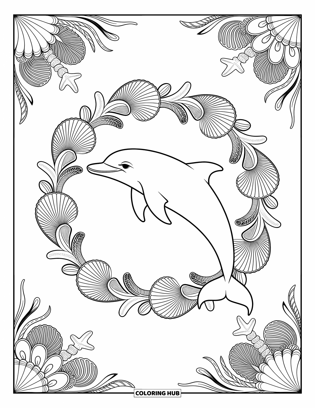 Delfin Ausmalbild für Erwachsene: Ein Delfin, umgeben von einem Kranz aus Muscheln, Seesternen und Algen