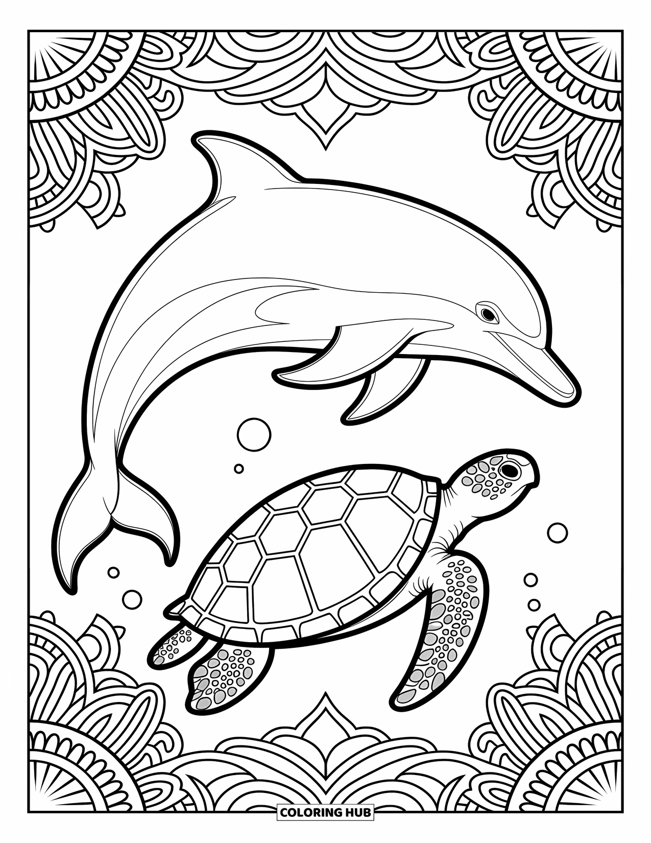 Delfin Ausmalbild für Erwachsene: Ein Delfin, der neben Meeresschildkröten in einer Unterwasserszene schwimmt