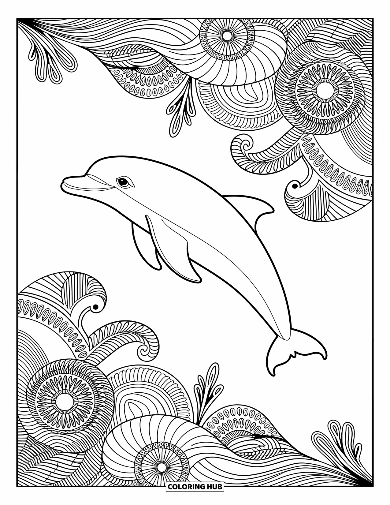 Delfin Ausmalbild für Erwachsene: Ein Delfin, der anmutig durch Mandala-inspirierte Wellen und Korallen schwimmt