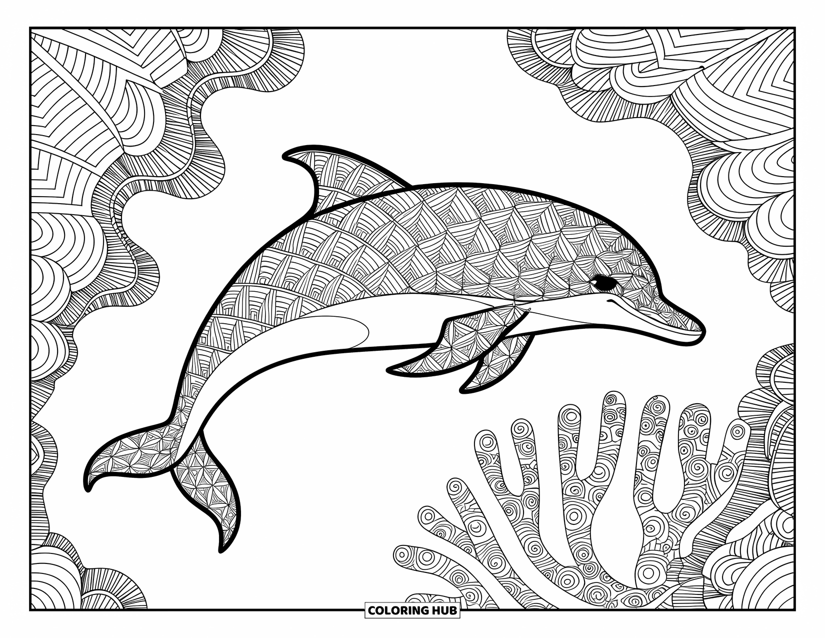 Delfin Ausmalbild für Erwachsene: Ein Delfin schwimmt elegant zwischen detaillierten Korallendesigns