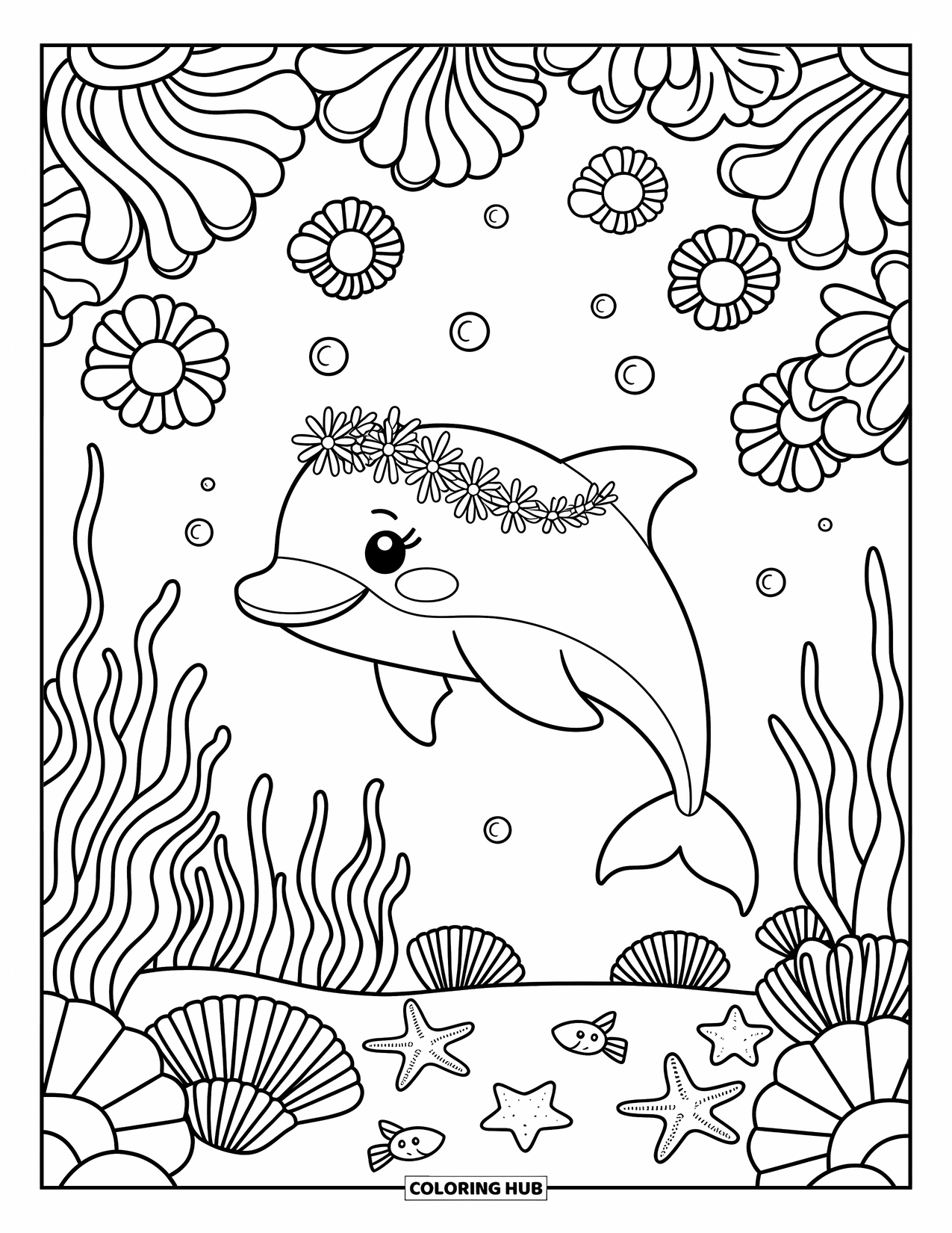 Delfin Ausmalbild für Erwachsene: Ein Delfin schwimmt anmutig durch Korallen mit einem Blumenkranz und verspielten Fischen