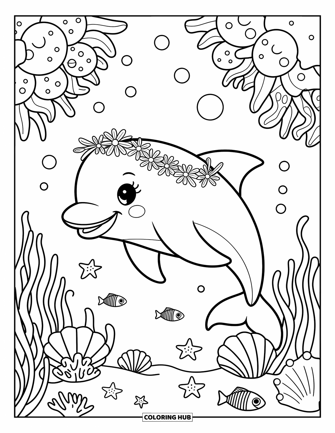 Delfin Ausmalbild für Erwachsene: Ein Delfin mit einem Blumenkranz schwimmt durch Korallen mit winzigen Fischen und Algen