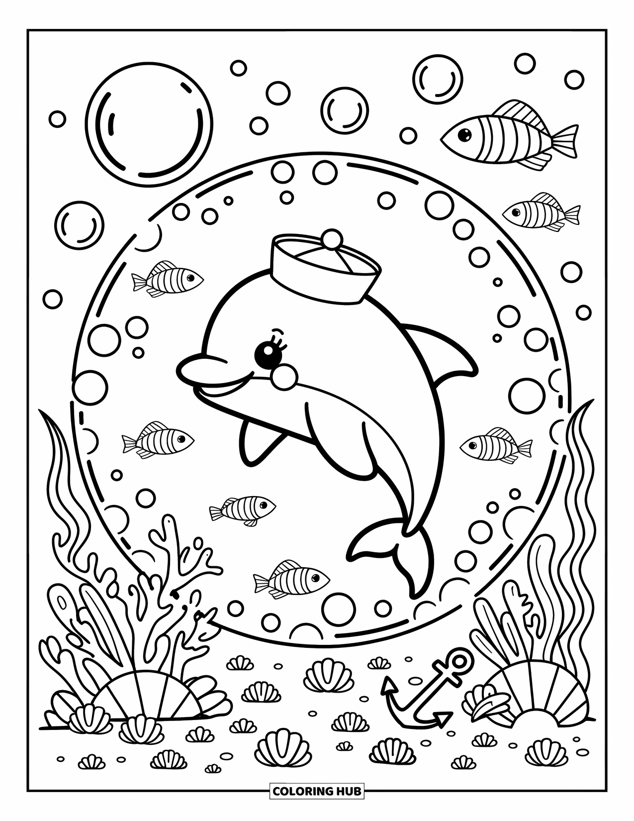 Delfin Ausmalbild für Erwachsene: Ein Delfin mit einem Matrosenhut springt verspielt durch Blasen, umgeben von Fischen