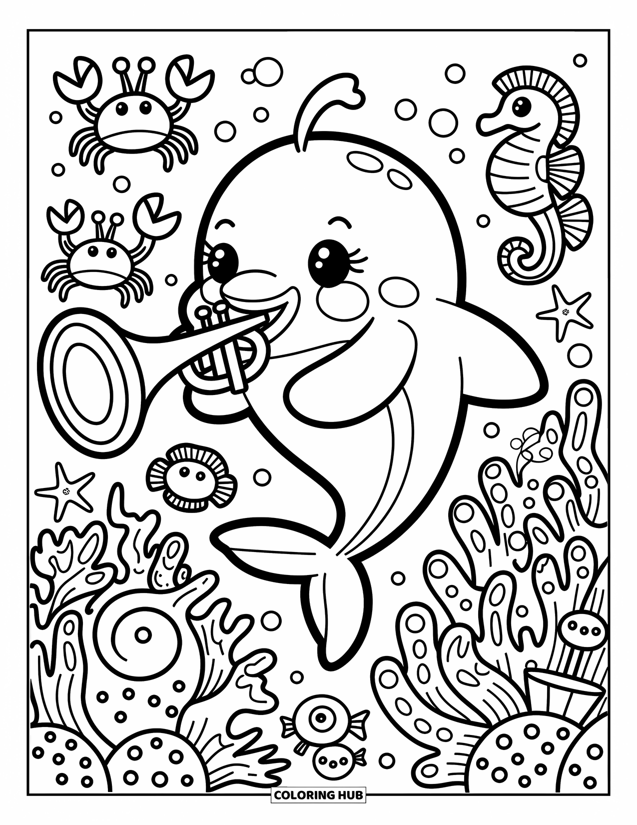 Delfin Ausmalbild für Erwachsene: Ein Delfin mit einer Muscheltrompete führt eine fröhliche Unterwasserband mit Blasen an