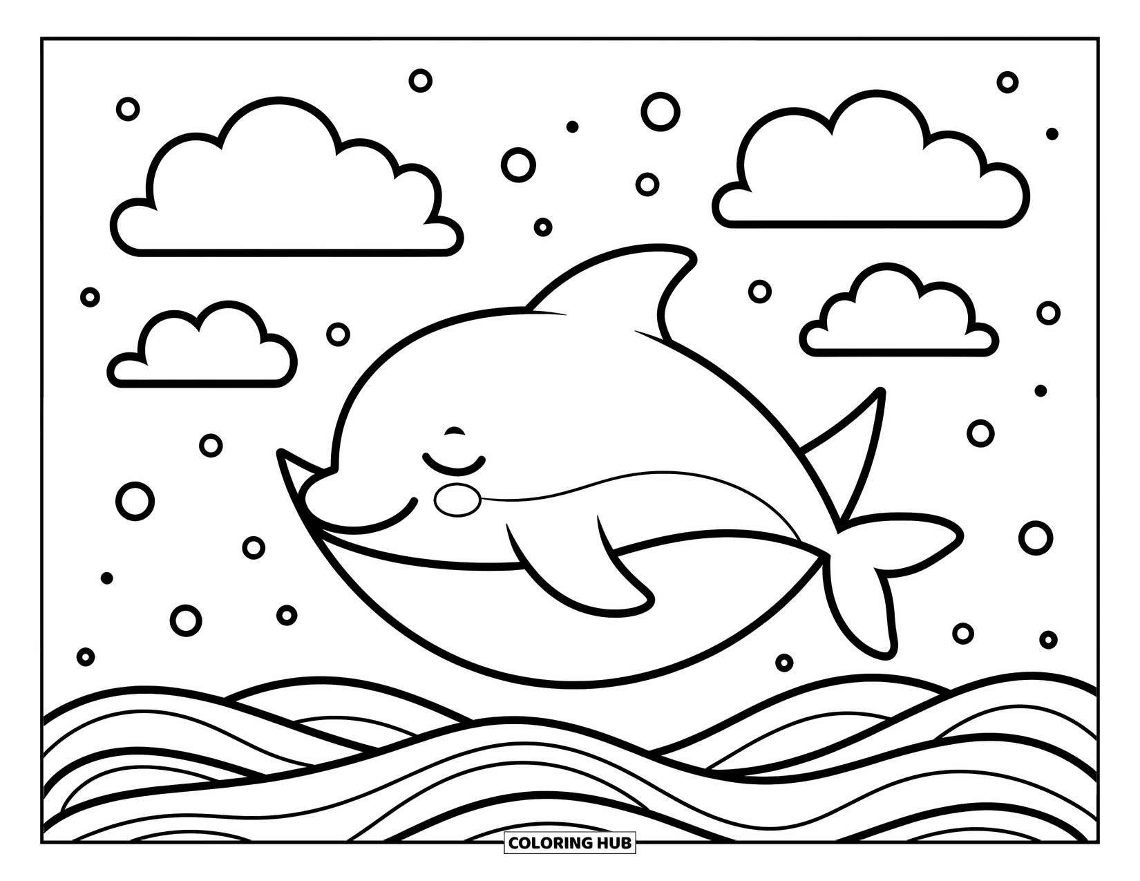 Delfin Ausmalbild für Erwachsene: Ein Delfin mit geschlossenen Augen schläft gemütlich auf einer Mondsichel über sanften Meereswellen