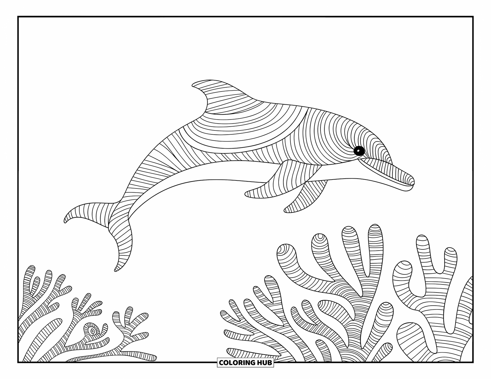 Delfin Ausmalbild für Erwachsene: Ein Delfin mit komplizierten Mustern gleitet anmutig durch kunstvolle Korallen