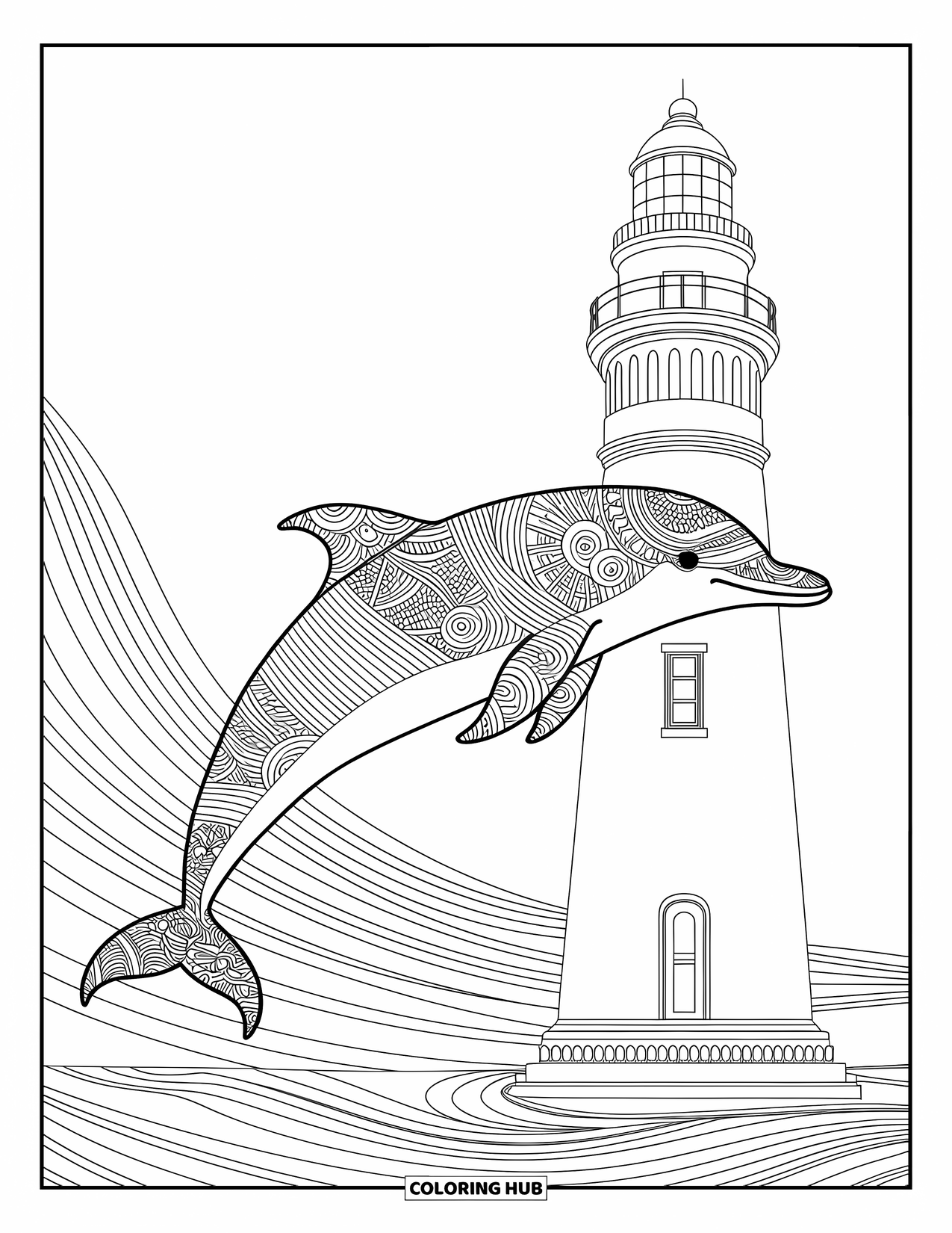 Delfin Ausmalbild für Erwachsene: Ein Delfin mit komplizierten Mustern, der anmutig unter einem Leuchtturm schwimmt
