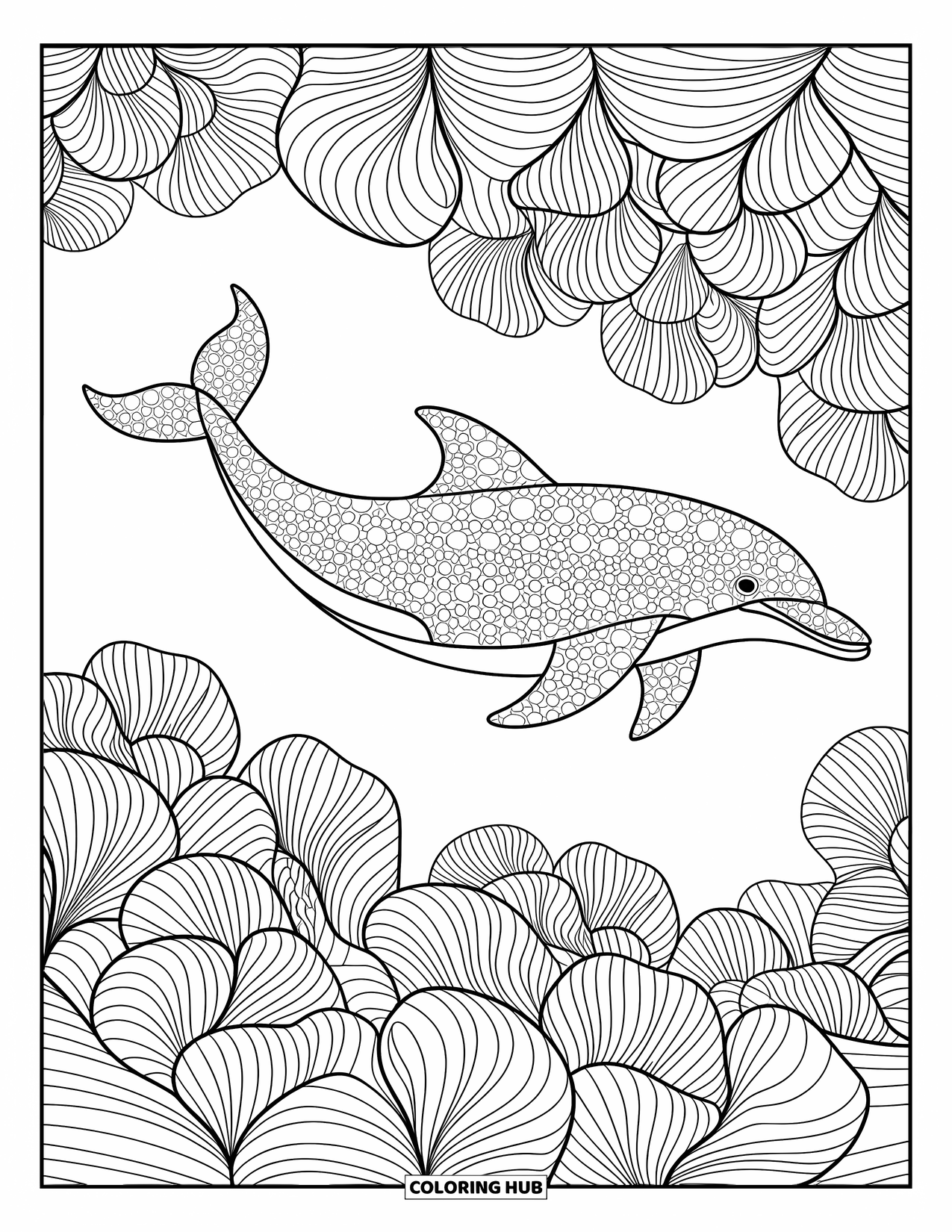 Delfin Ausmalbild für Erwachsene: Ein Delfin mit komplizierten Mustern schwimmt friedlich durch sanfte Wellen