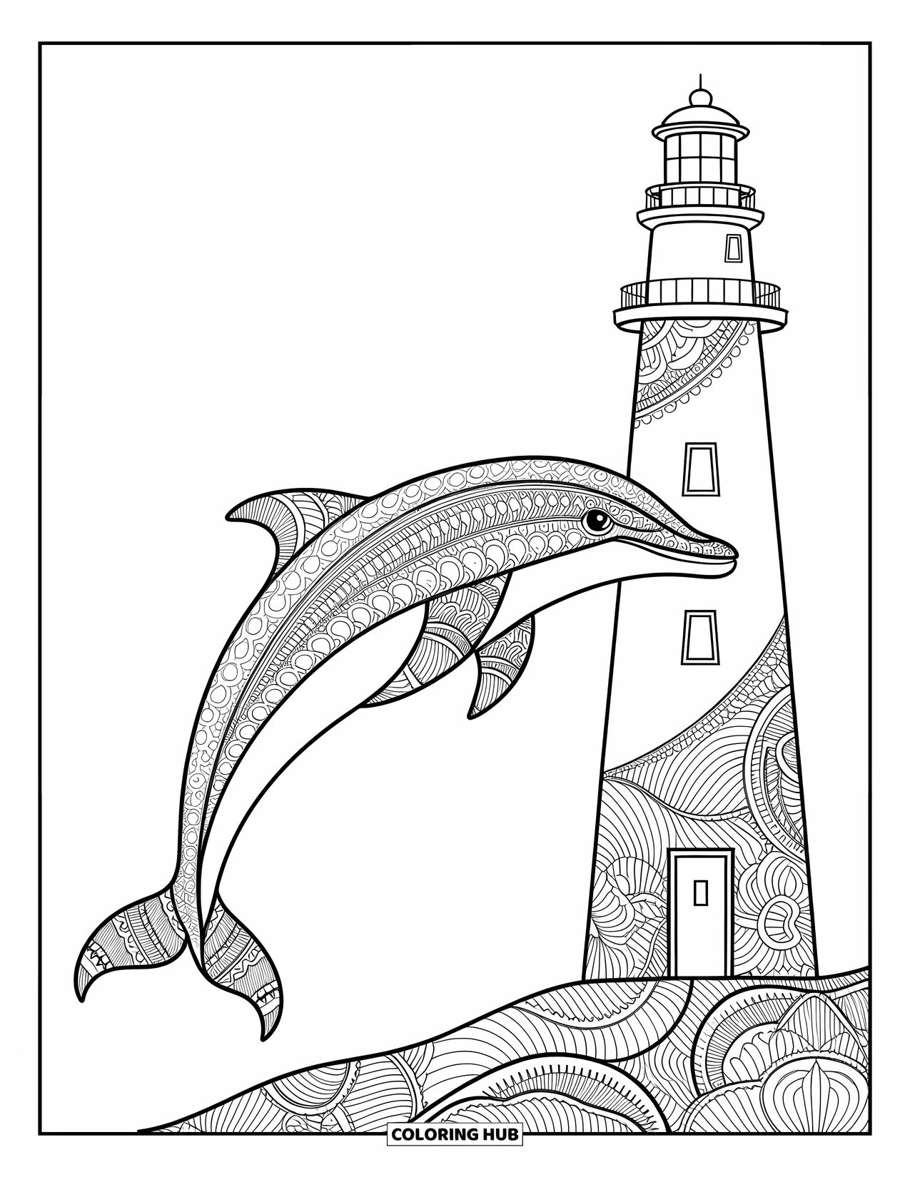 Delfin Ausmalbild für Erwachsene: Ein Delfin mit Mandala-ähnlichen Designs, der unter einem Leuchtturm schwimmt