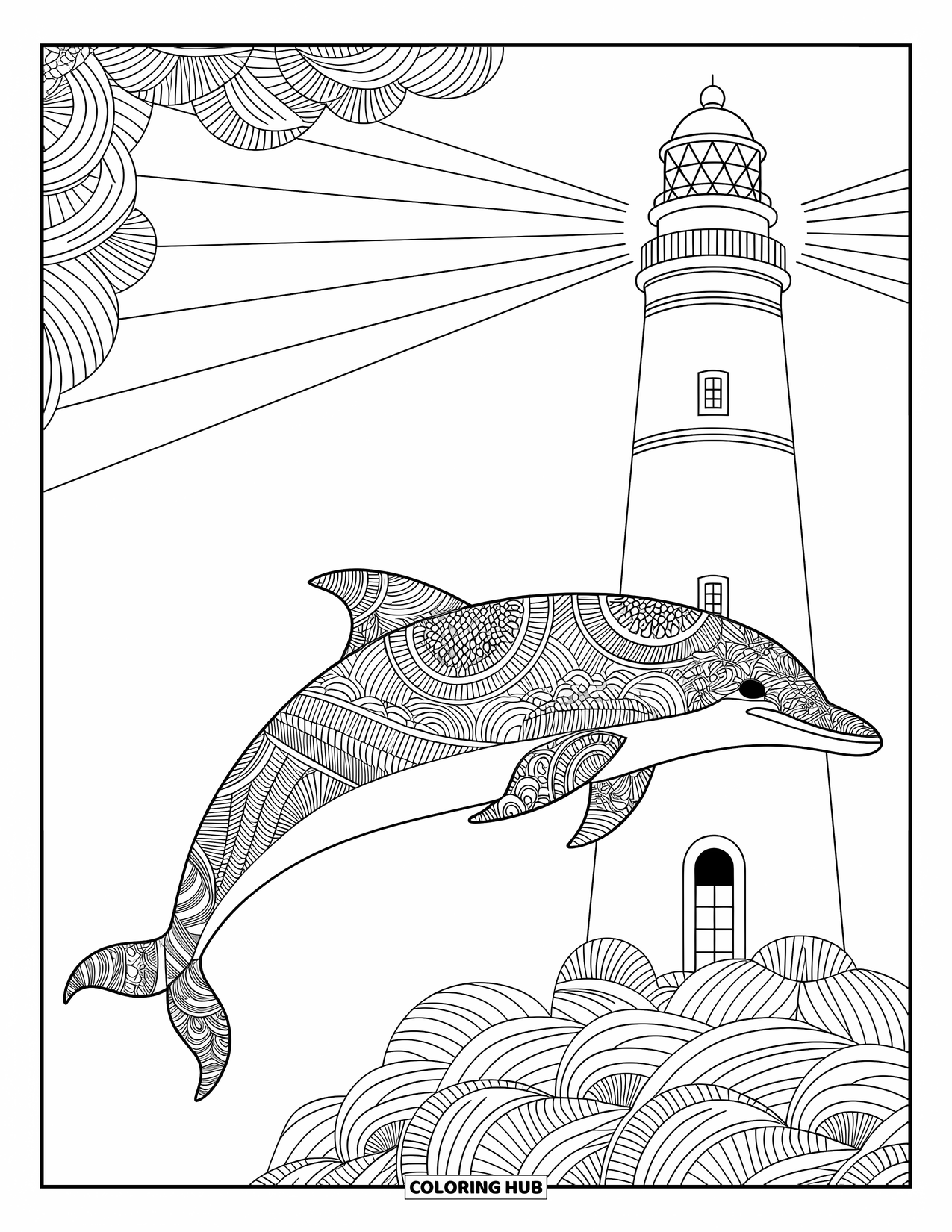 Delfin Ausmalbild für Erwachsene: Ein Delfin mit Mandala-Mustern, der unter einem hoch aufragenden Leuchtturm schwimmt