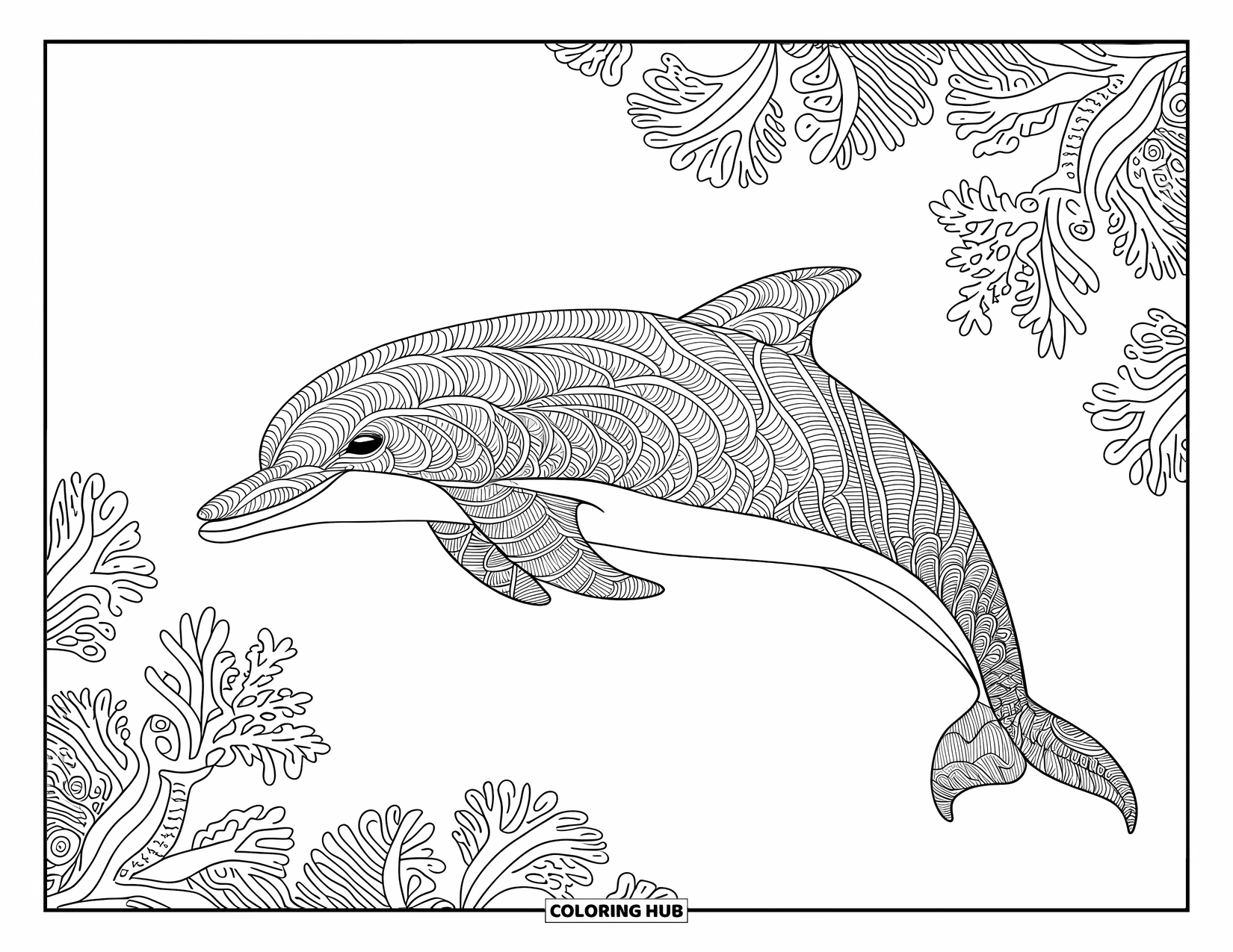 Delfin Ausmalbild für Erwachsene: Ein Delfin mit mosaikartigen Mustern schwimmt durch abstrakte Blumendesigns