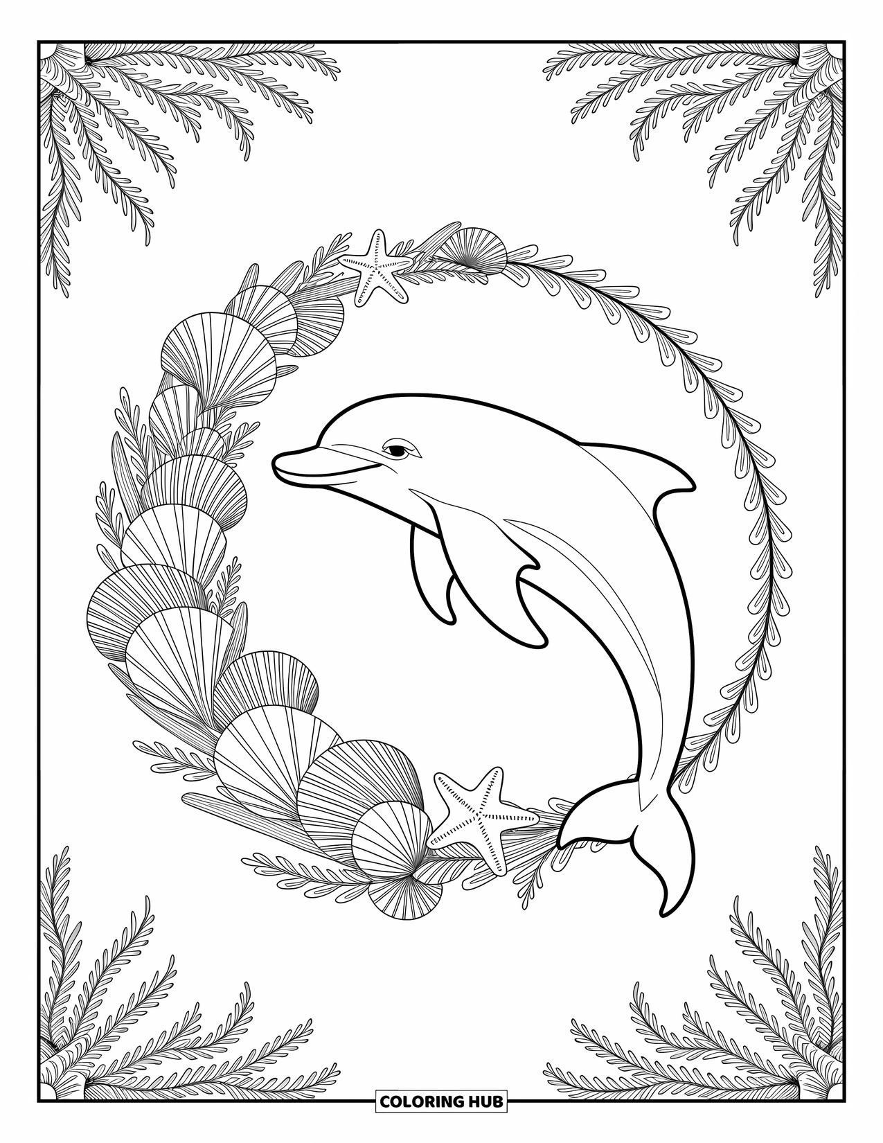 Delfin Ausmalbild für Erwachsene: Ein Delfin mit Muscheln, Seesternen und Algen, die einen zarten Kranz bilden