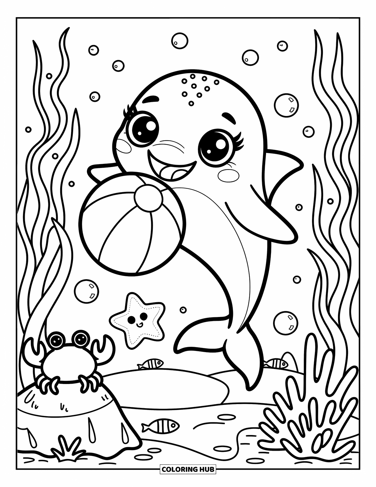 Delfin Ausmalbild für Erwachsene: Ein Delfin mit funkelnden Augen balanciert einen Ball auf seiner Nase mit Muscheln und Blasen