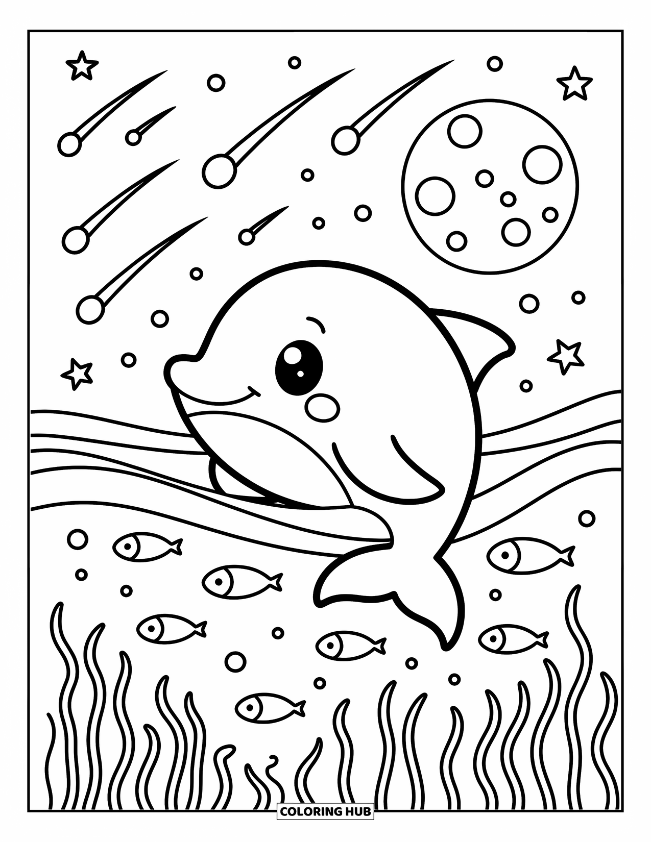 Delfin Ausmalbild für Erwachsene: Ein verträumter Delfin schwebt unter Sternen, während Fische und Algen darunter schaukeln